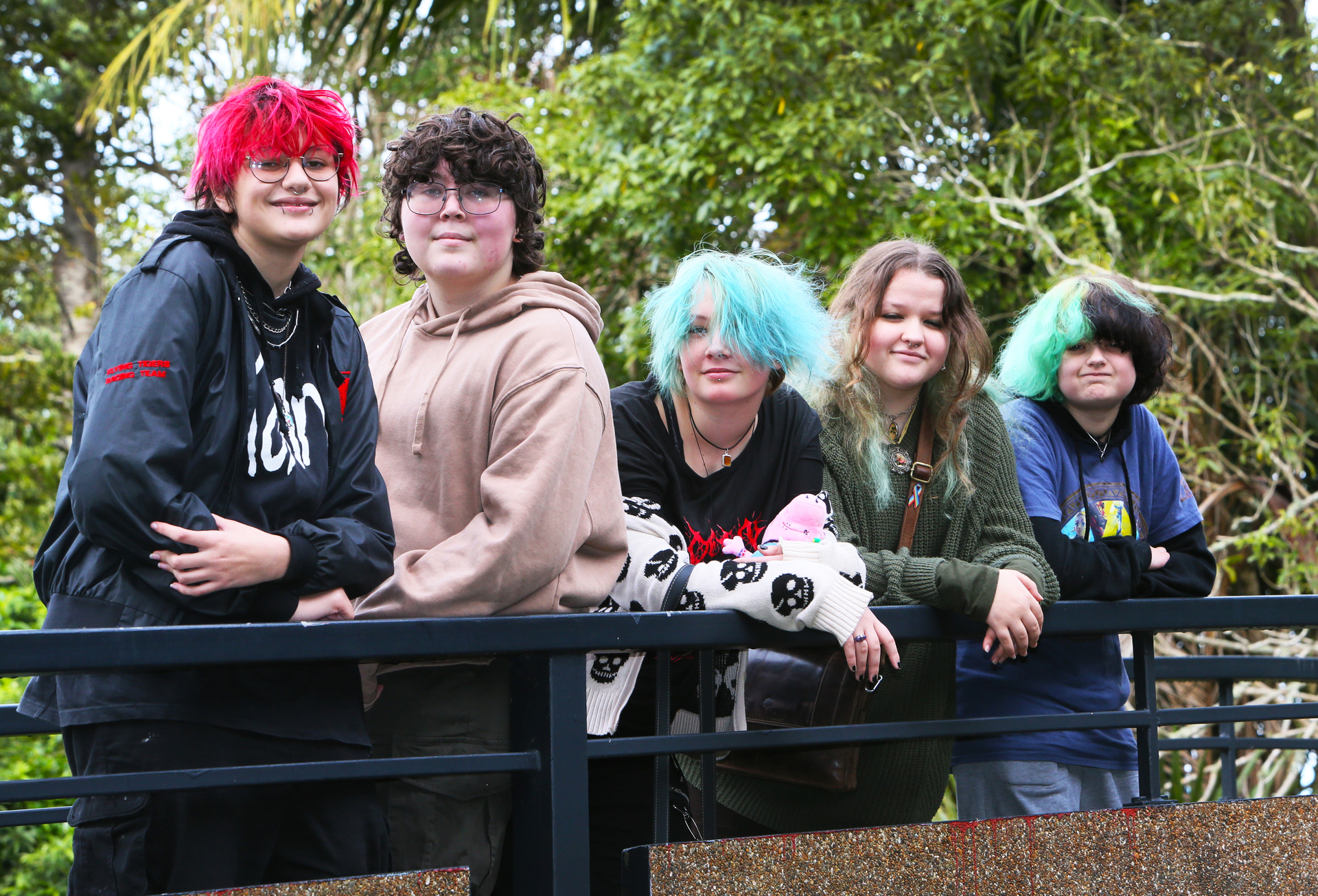 Whangārei queer teens, left, Twig Matiu, Alvin Dyer, Moss Marshall, Phoebe Stephton, and Ezra Cate-Allen form a group The Library Gays. Photo / Tania Whyte