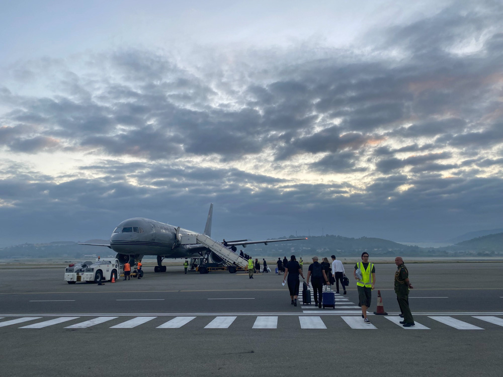A business delegation, kapa haka group, government officials, Trade Minister Todd McClay and media leaving Papua New Guinea for Brisbane on the NZDF 757. Photo / Jenée Tibshraeny