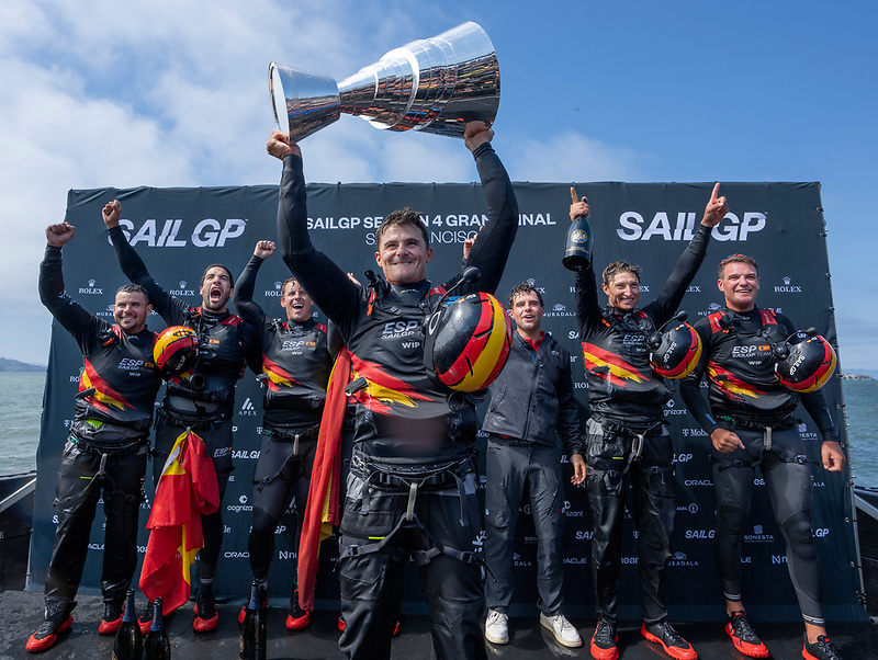 Spain SailGP Team helmed by Diego Botin celebrate on stage after winning the SailGP Season 4 Grand Final in San Francisco. Photo / Adam Warner, SailGP