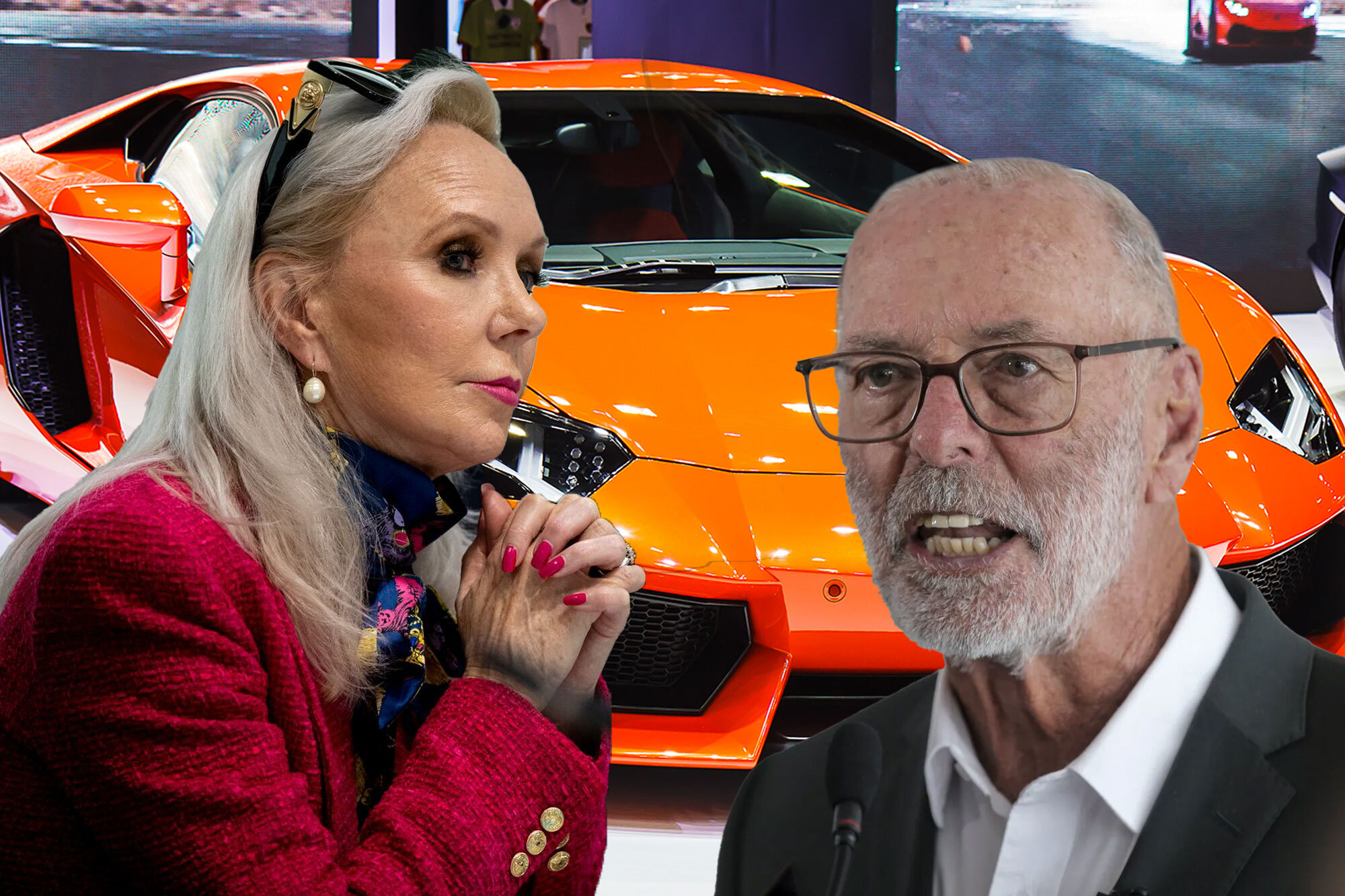 Auckland's Deputy Mayor Desley Simpson, Mayor Wayne Brown, and a Lamborghini. Photo / NZ Herald