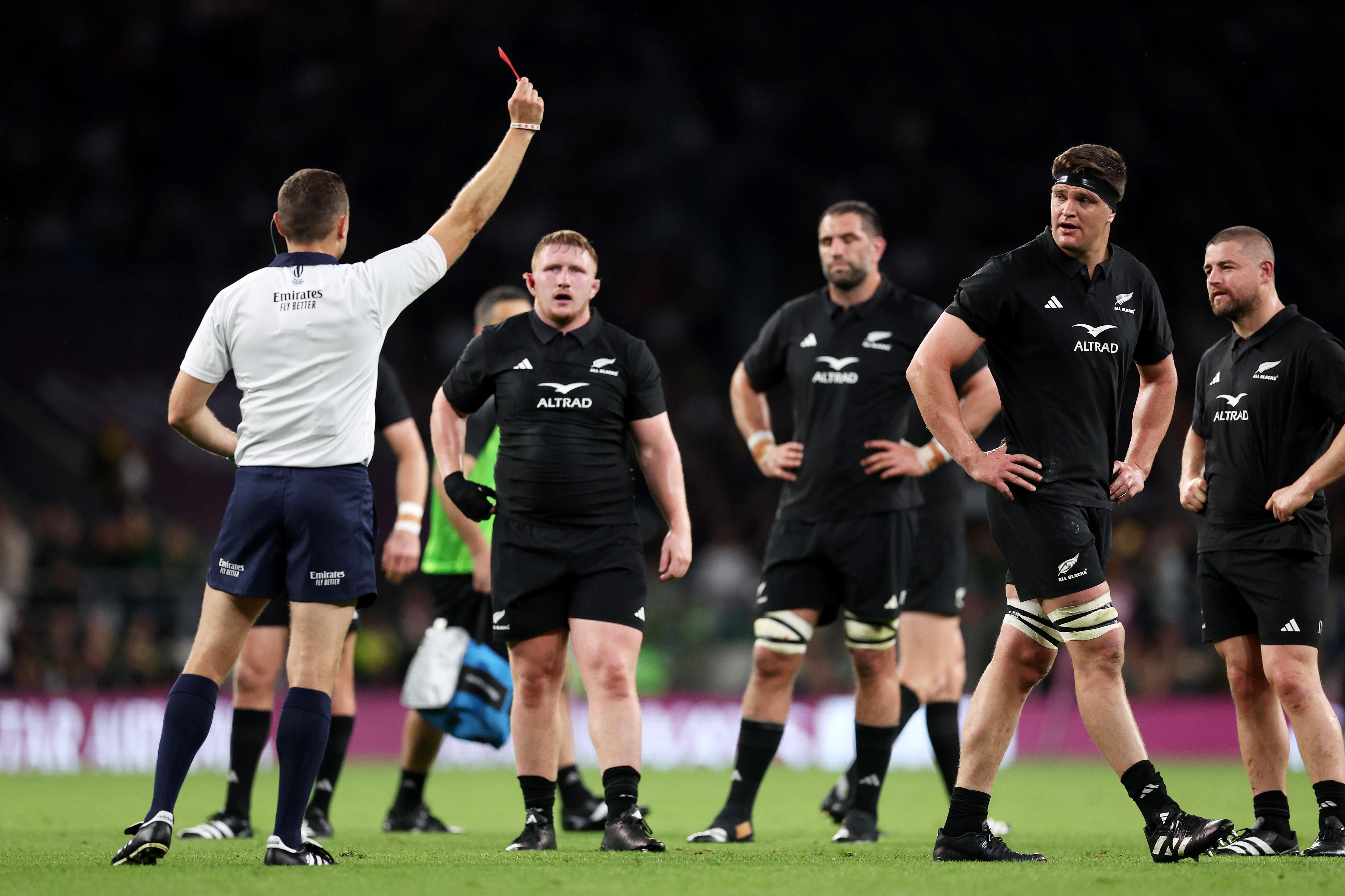 Scott Barrett is sent off by referee Matthew Carley. Photo / Getty Images