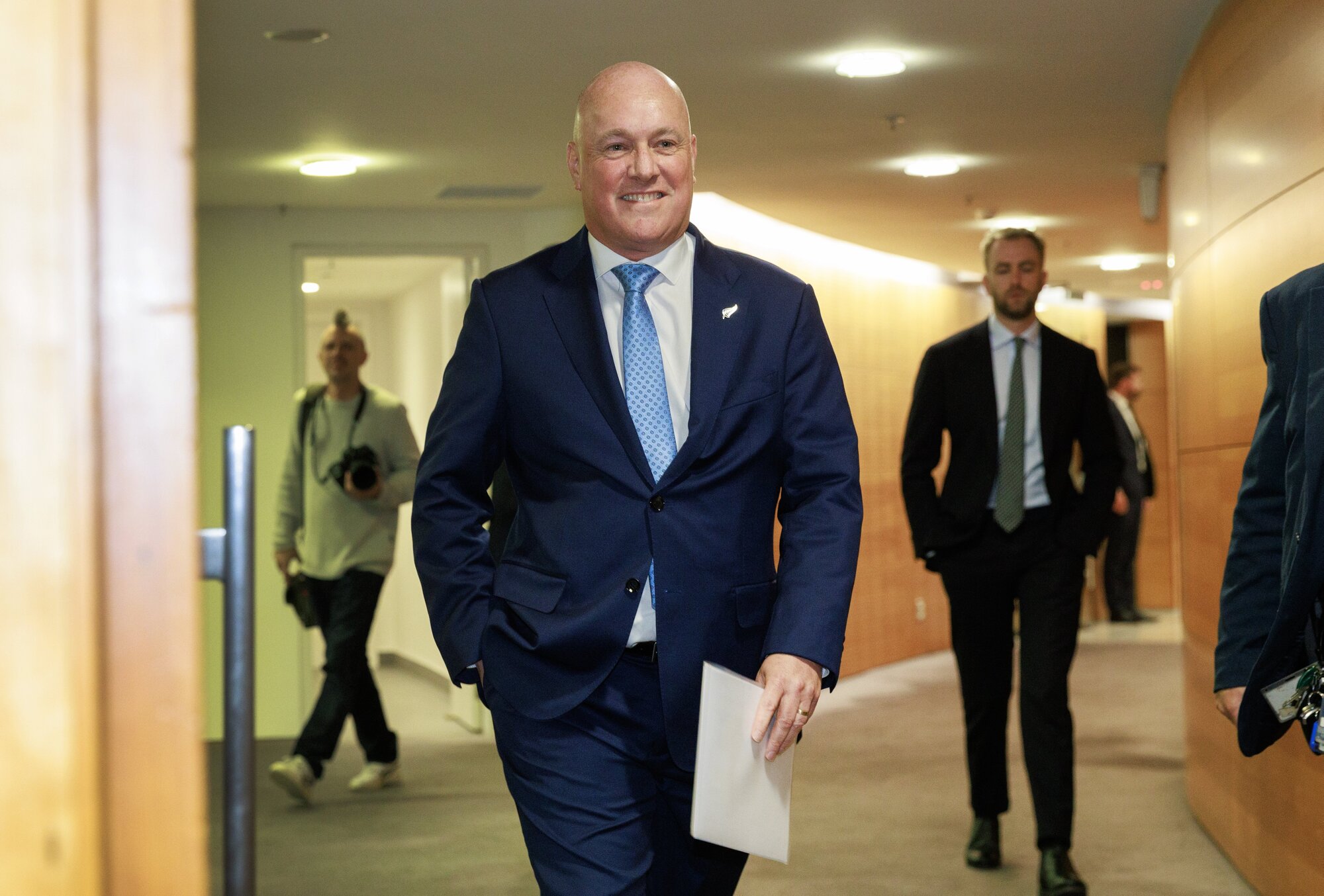 Christopher Luxon arriving to announce the reshuffle. Photo / Mark Mitchell