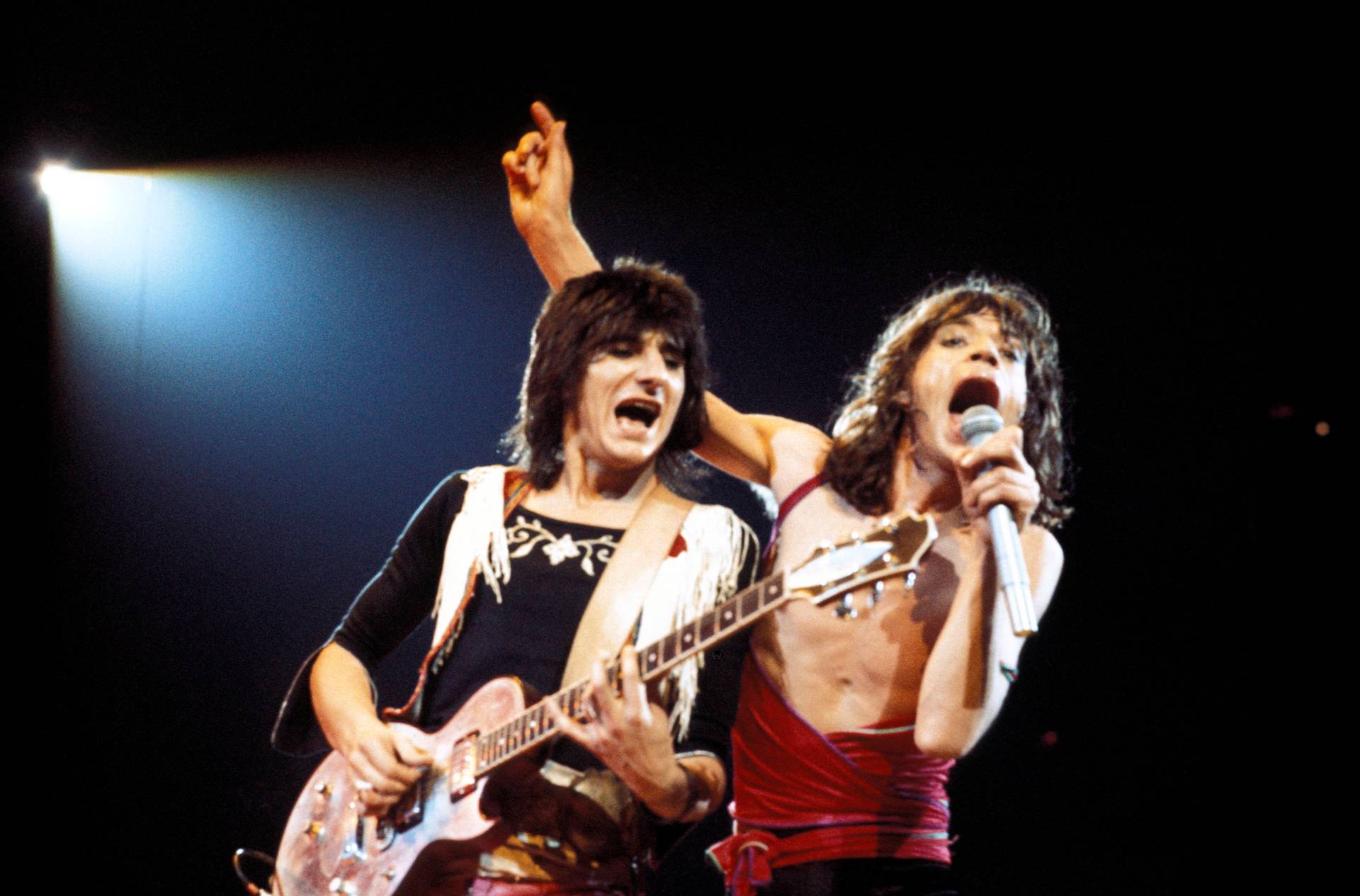 Ronnie Wood, playing Zemaitis guitar) and Mick Jagger performing live onstage. Photo / Getty
