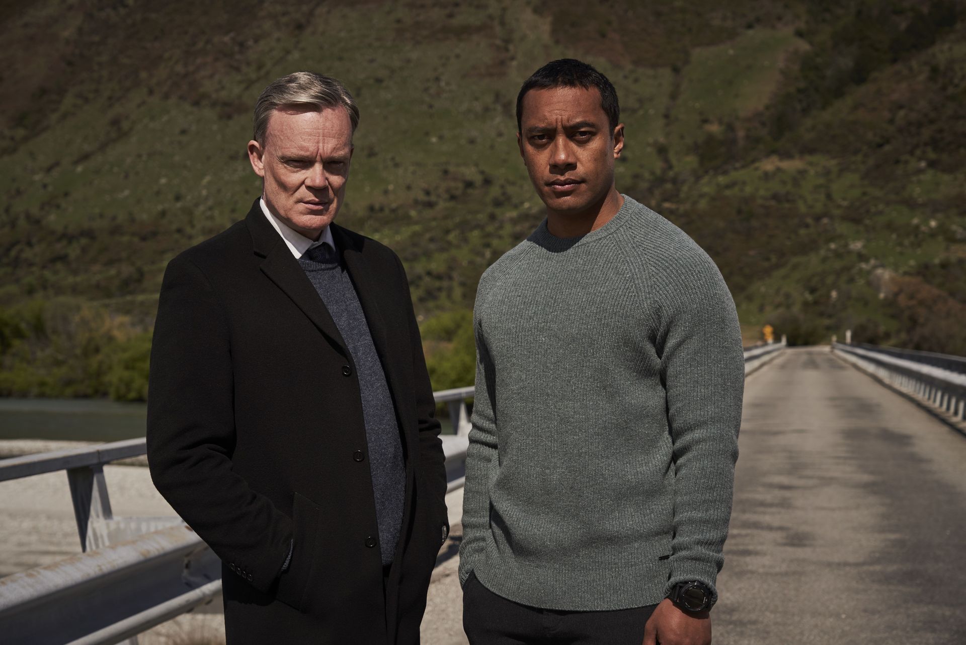 Joel Tobeck and Dominic Ona-Ariki star in mini-series One Lane Bridge on TVNZ. Photo / TVNZ
