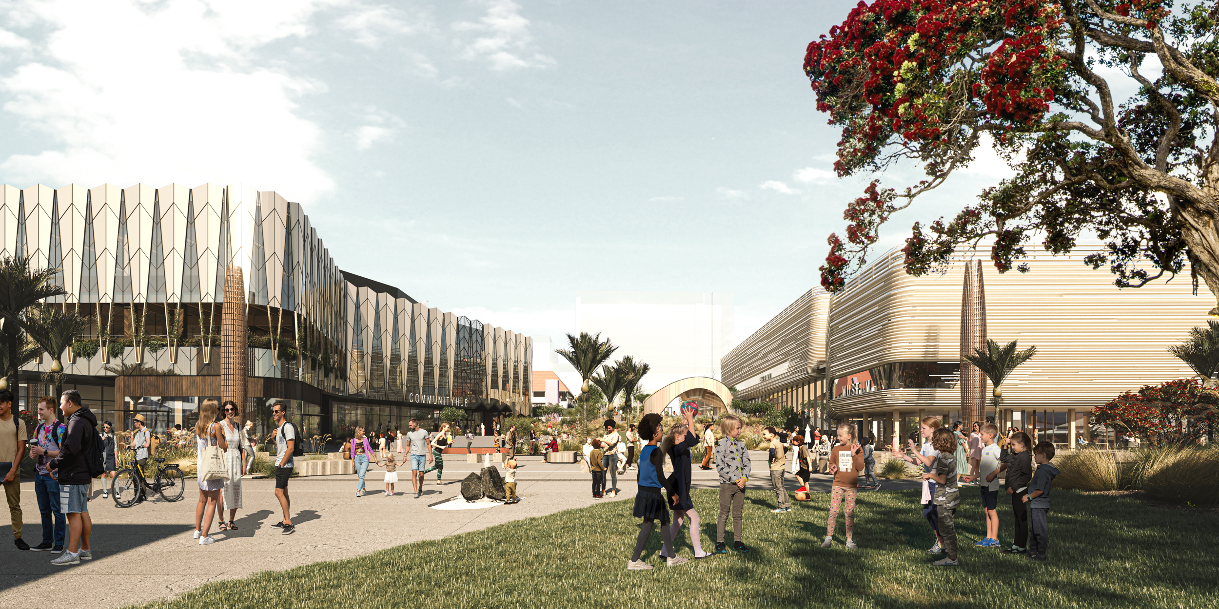 An artists' impressions of the planned Tauranga City Council civic precinct development Te Manawataki o Te Papa.