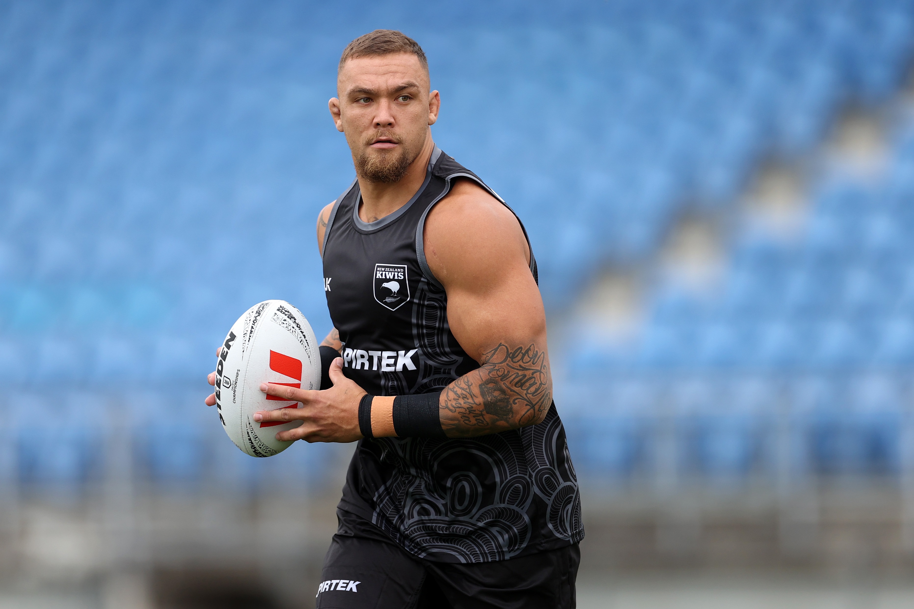 Kiwis captain James Fisher-Harris, from the Hokianga, warms up during a training session at The Trusts Arena on Sunday in Auckland.
