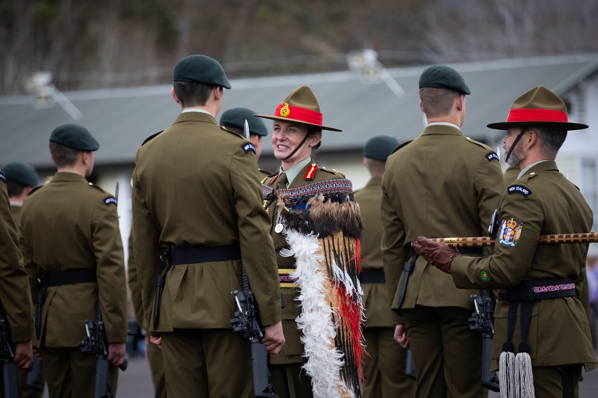Chief of Army Major General Rose King inspects the troops of Recruit Regular Force Course 416, Rafah Company, during their graduation parade at Waiouru Military Camp. Major General King has served in the New Zealand Army since 1991. She was appointed Chief of Army in 2024, becoming the first woman to reach the rank of Major General and the first to lead any of New Zealand's armed forces. 11th July 2025, New Zealand Herald photograph by Sylvie Whinray 