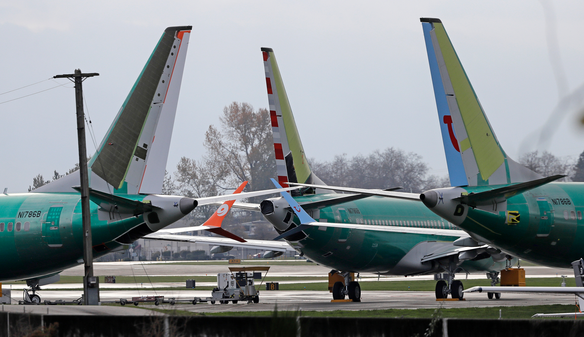 Boeing 737 MAX 8 planes are parked near Boeing Co.'s 737 assembly facility in Renton, Washington. 