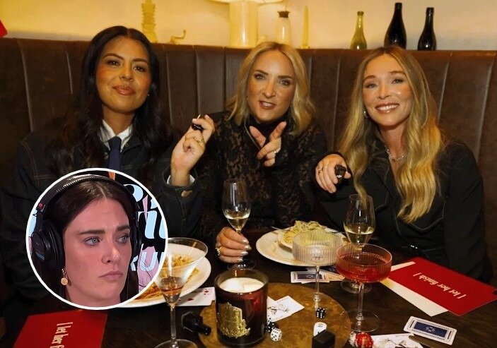 Let Her Finish podcast hosts Tegan Yorwarth, Brodie Kane and Gracie Hitchcock and (inset) former The Girls Uninterrupted host Caitlin Marett.