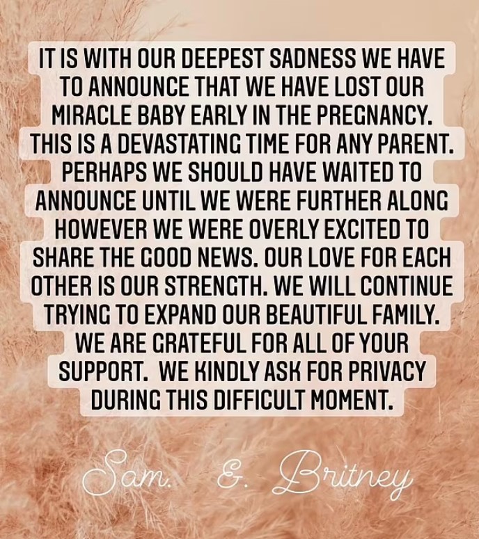 Spears shared the heartbreaking news on Instagram. Photo / Instagram