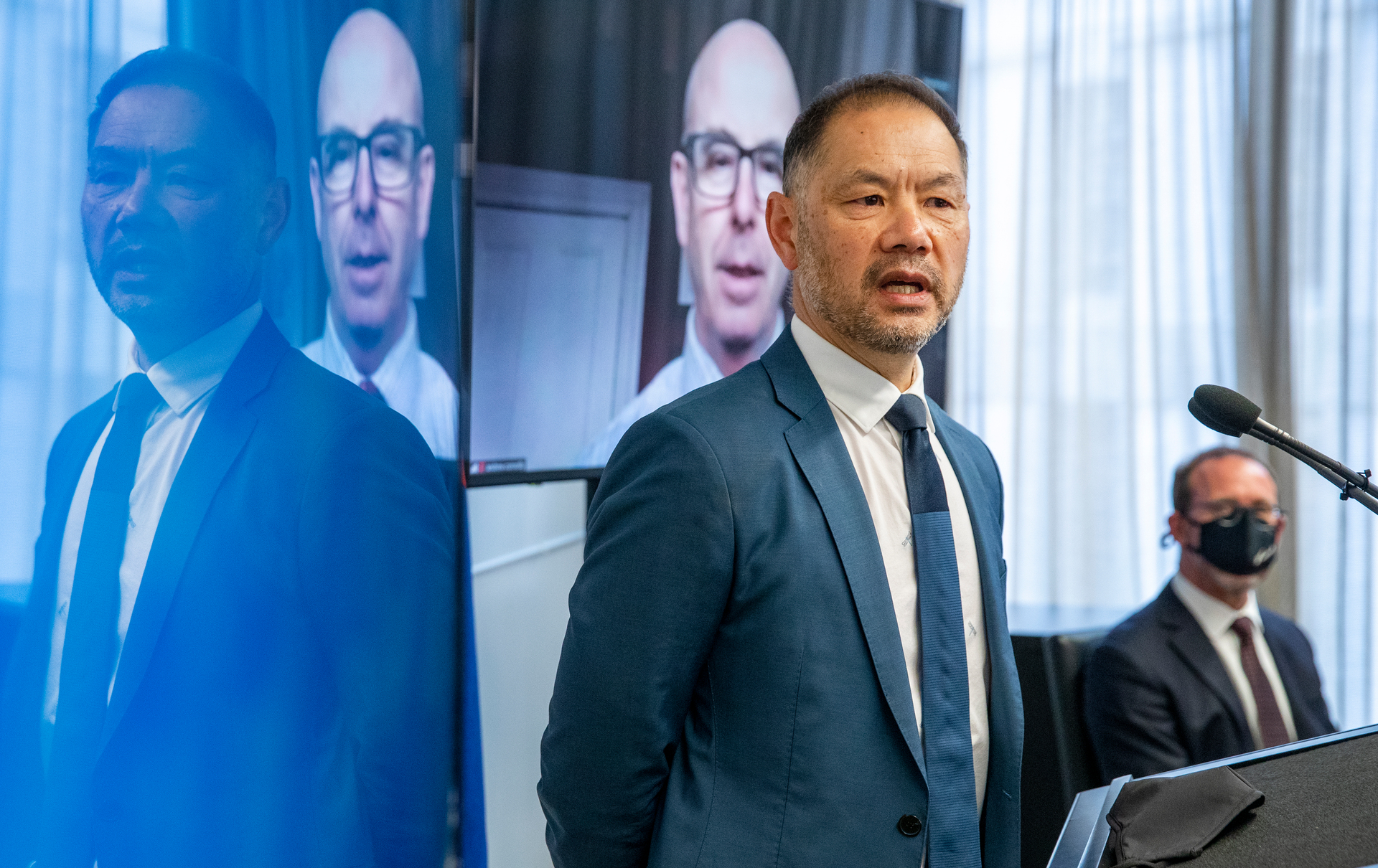 GP Dr Jeff Lowe and chief medical officer Dr Andrew Connolly, via AVL, during the Covid-19 Health system preparedness briefing at Parliament. Photo / Mark Mitchell.