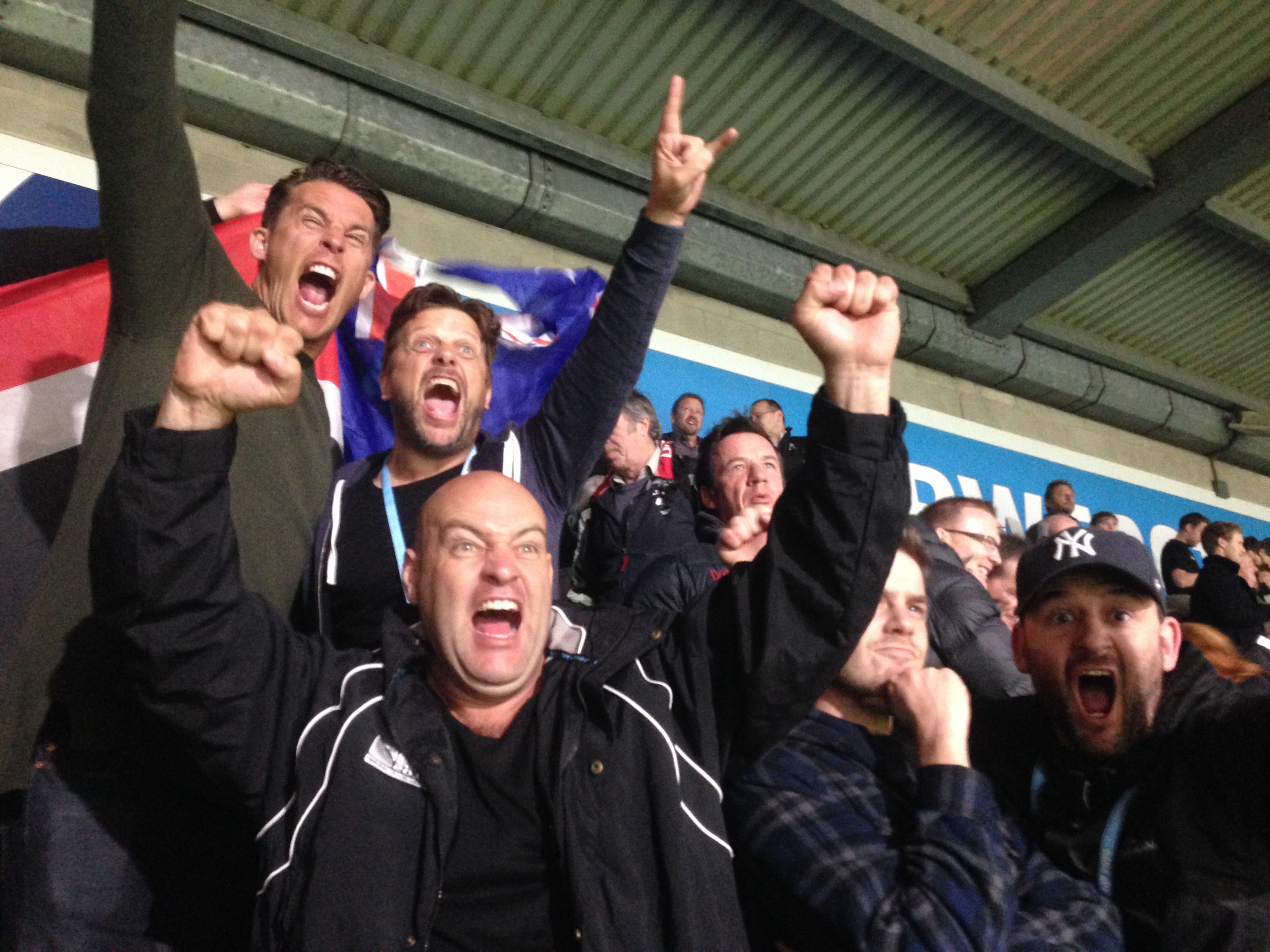 The boys from the Alternative Commentary Collective celebrate the All Blacks win. Photo / Supplied