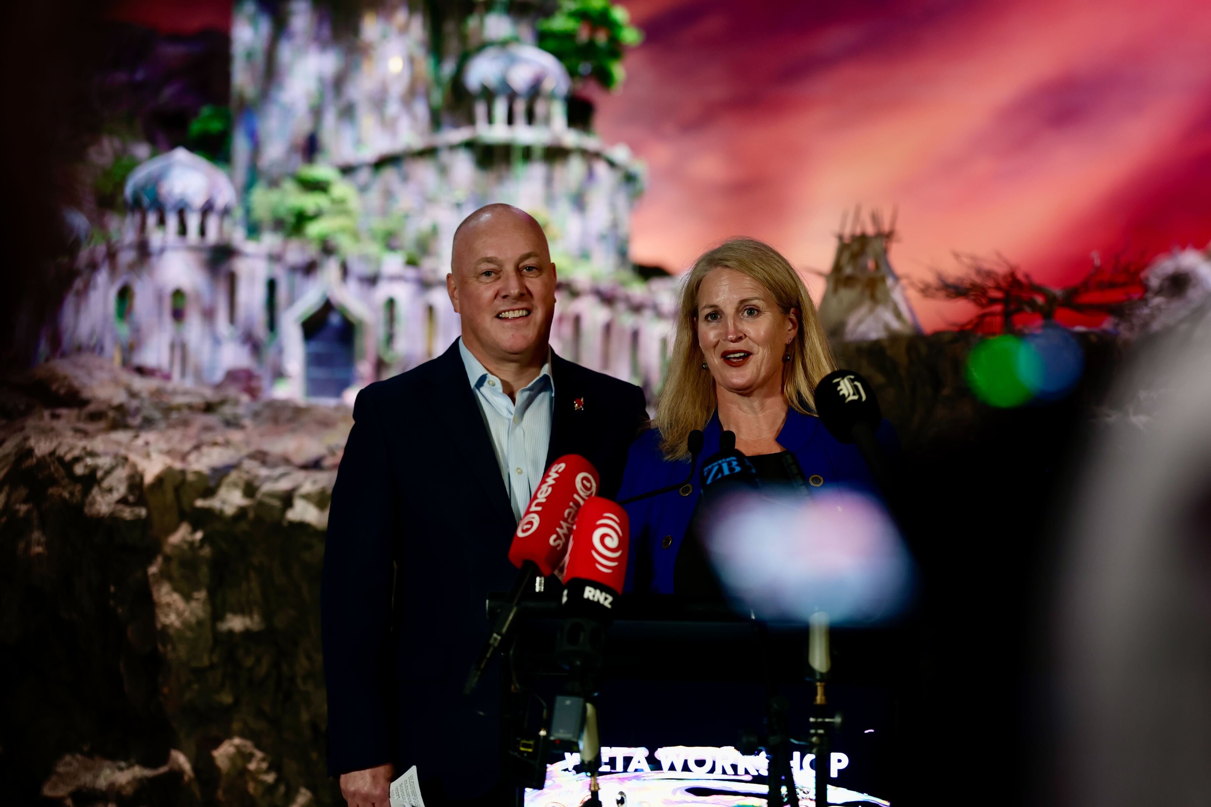 Prime Minister Christopher Luxon and Tourism Minister Louise Upston at Weta Workshop Unleashed. Photo / Dean Purcell