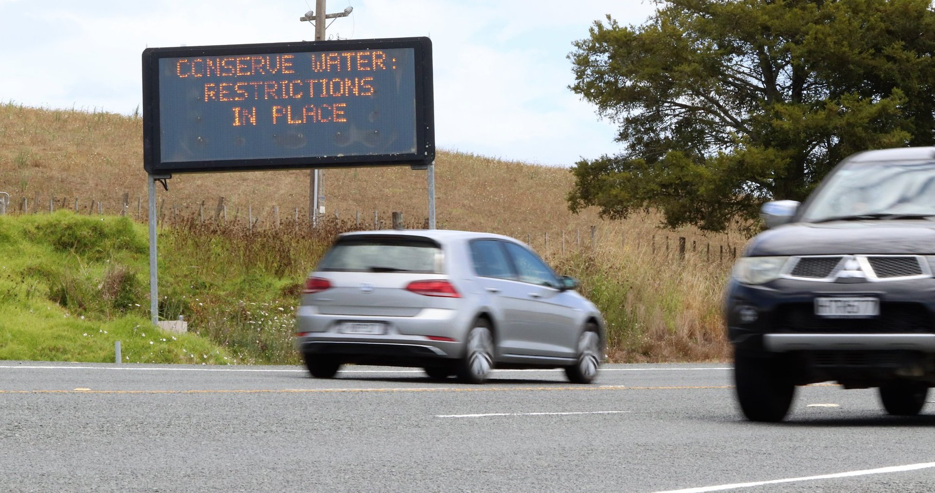 In a sign of the times, Far North residents are getting roadside reminders to save water. Photo / Civil Defence Northland