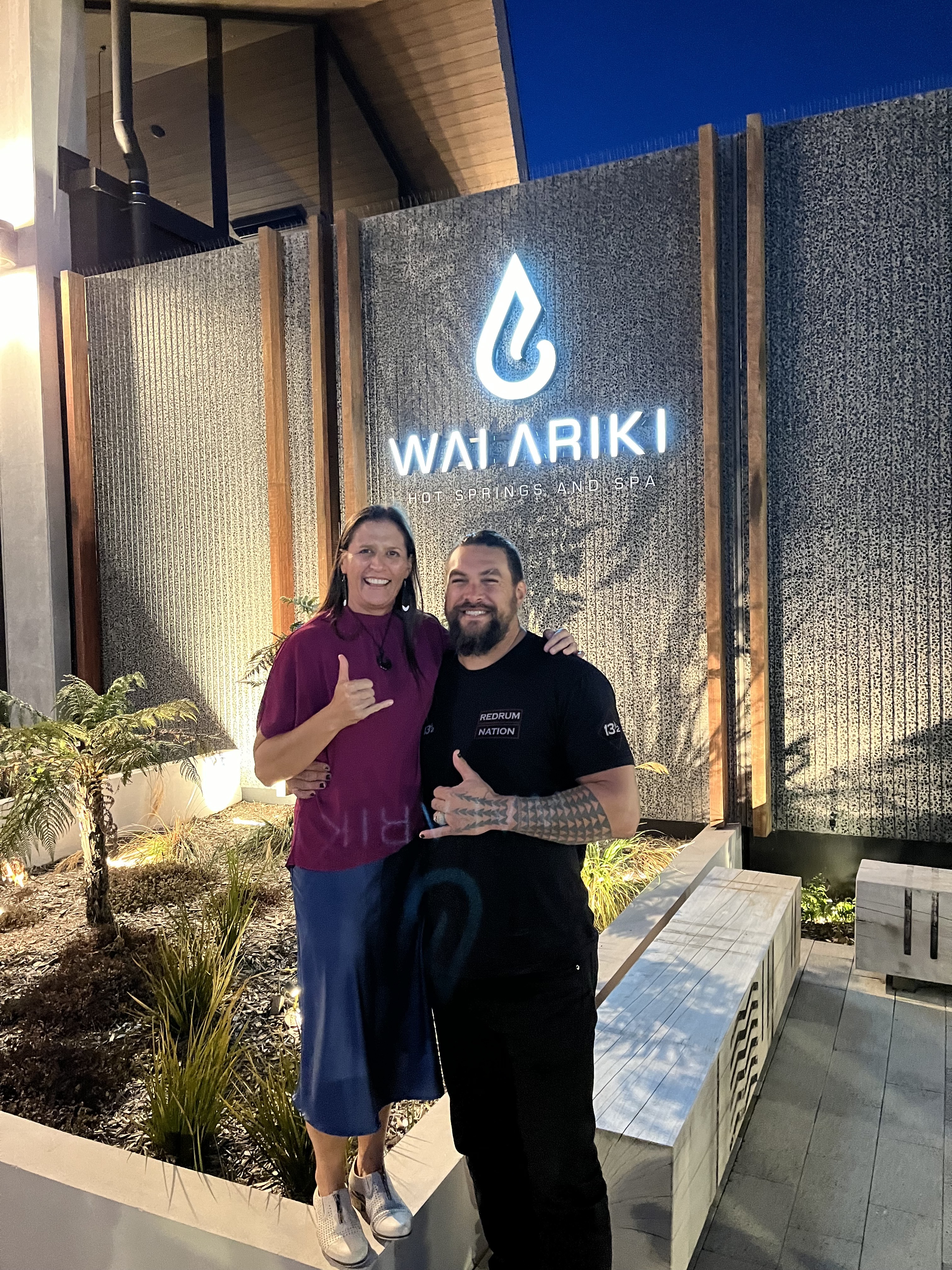 Debbie Robertson with Jason Momoa at Wai Ariki Hot Springs & Spa on Saturday night.