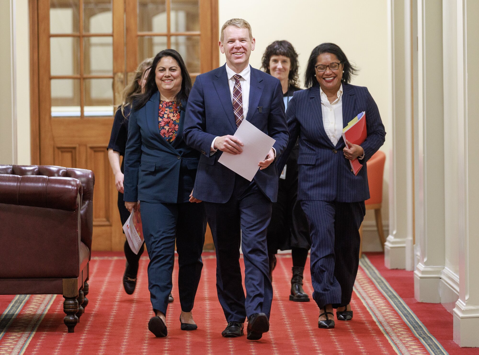 Labour leader Chris Hipkins, flanked by health spokeswoman Ayesha Verrall (left) and finance and economy spokeswoman Barbara Edmonds. Photo / Mark Mitchell
