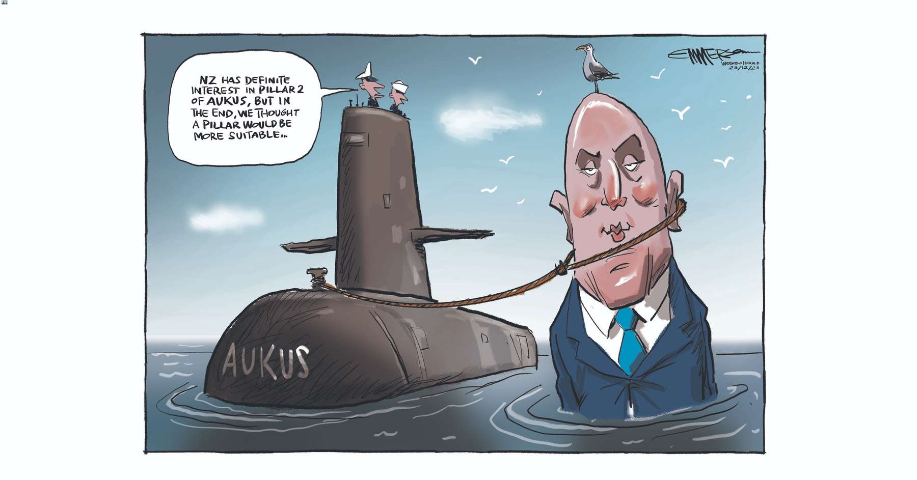 Luxon meets with Australian PM Albanese and voices interest in Pillar 2 of Aukus, which would commit NZ to heavy defence spending. Cartoon / Rod Emmerson  