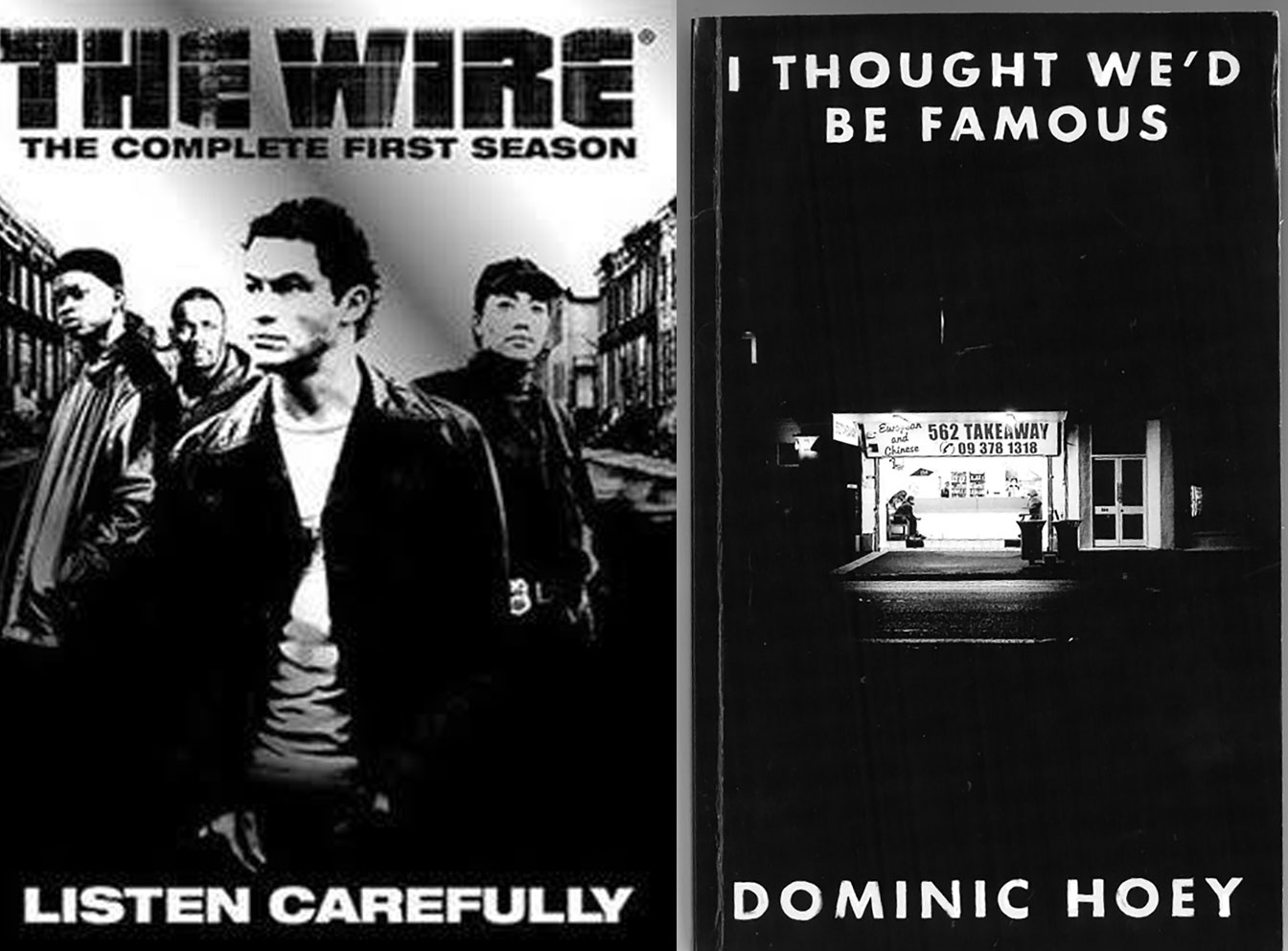 Left: Dominic is re-watching The Wire. Right: Dominic's poetry book 'I Thought We'd Be Famous.'