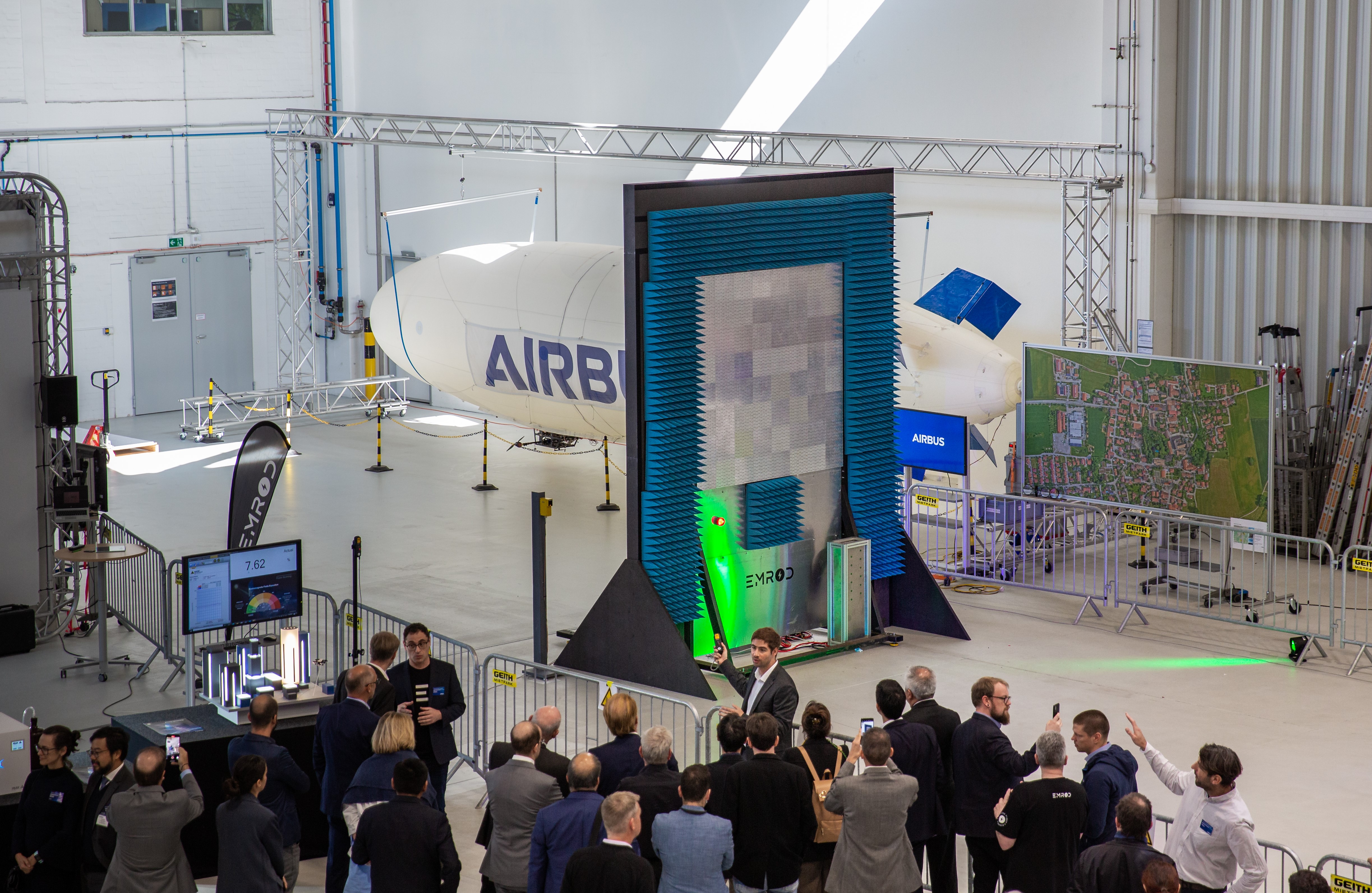 Emrod's power-beaming demonstration in an Airbus hangar in Munich. Photo / Emrod