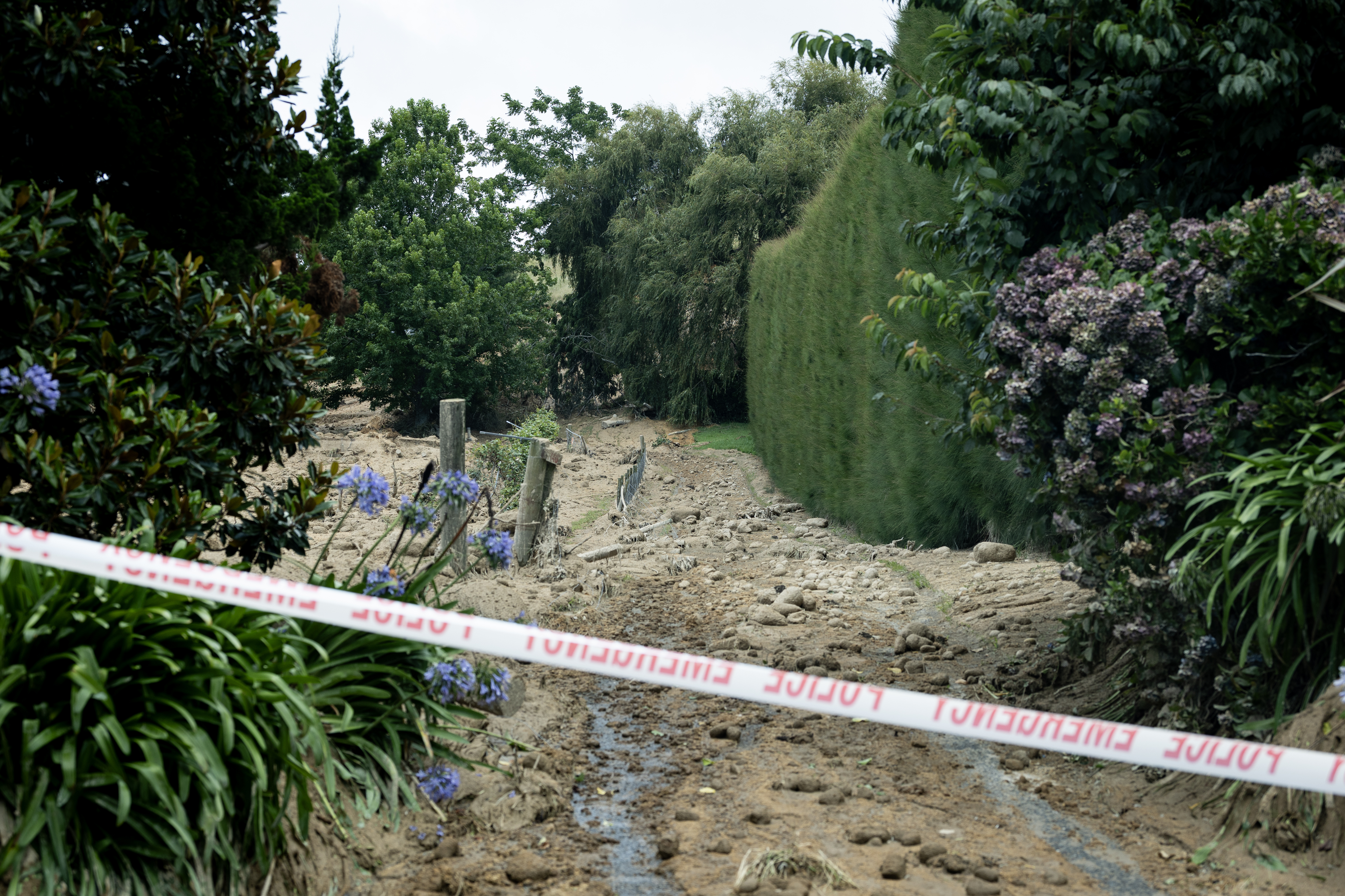 The thick mud blanketed the properties on Welcome Bay Rd, Pāpāmoa, Tauranga, after a fatal landslide. Photo / Dean Purcell