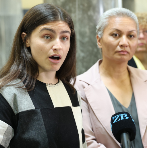 Green Party co-leaders Marama Davidson and Chlöe Swarbrick address media about MP Benjamin Doyle. Photo / Mark Mitchell