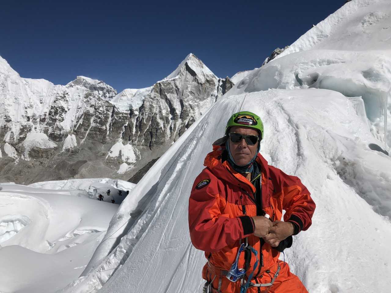 Kiwi mountaineer Guy Cotter at the Khumbu Icefall, near Everest. Photo / Supplied 