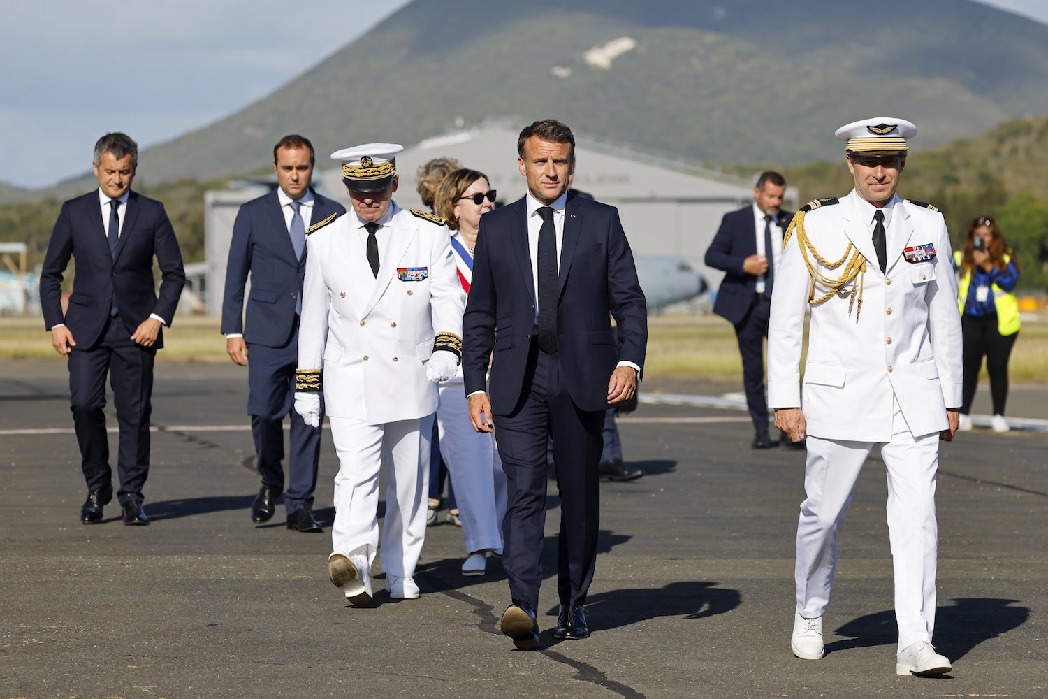 French President Emmanuel Macron prepares to speak with the press upon arrival at Noumea. Photo / AP