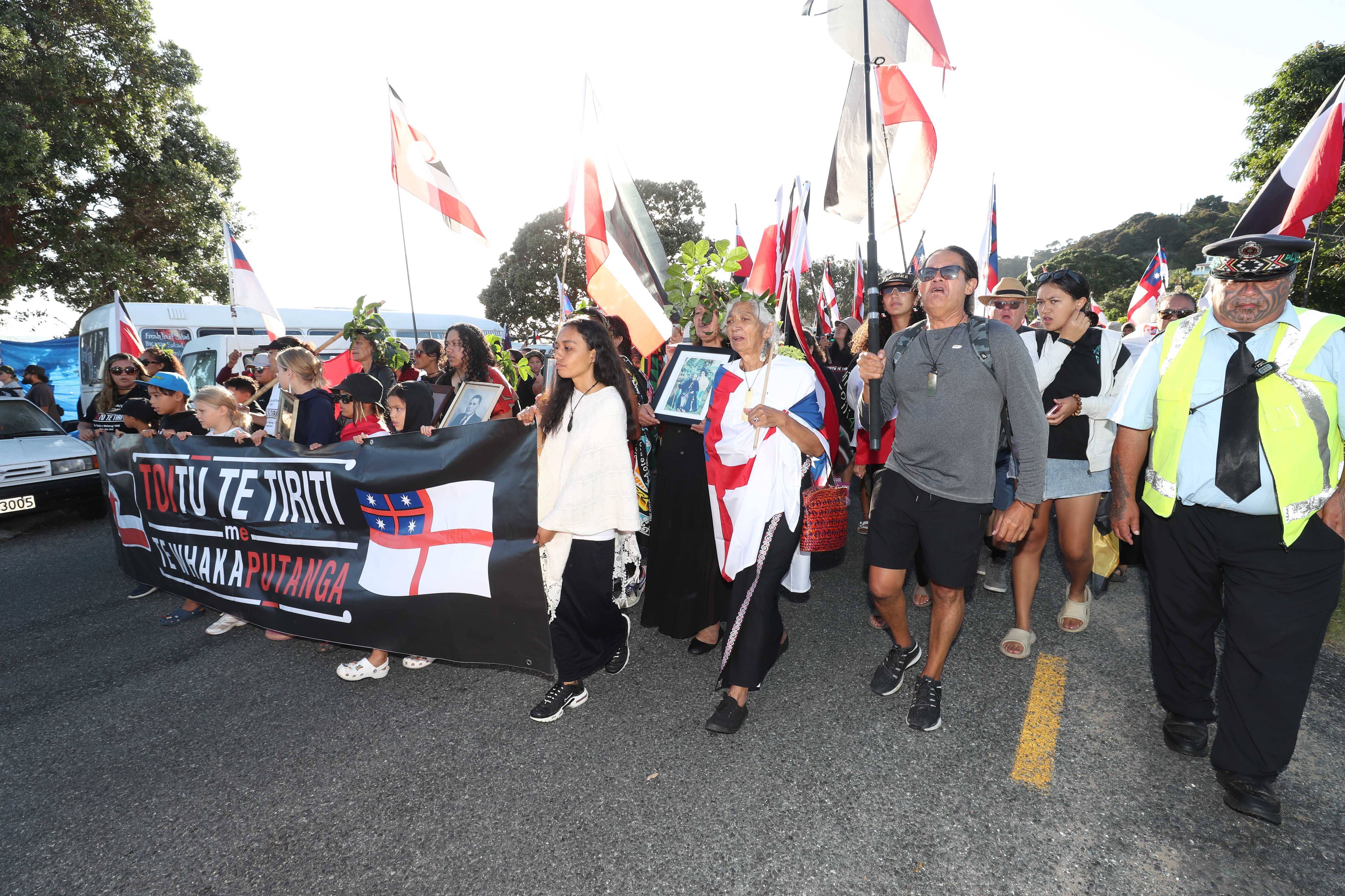 Members of the hīkoi, dedicated to defending te Tiriti o Waitangi, arrive at Waitangi. Photo / Michael Cunningham