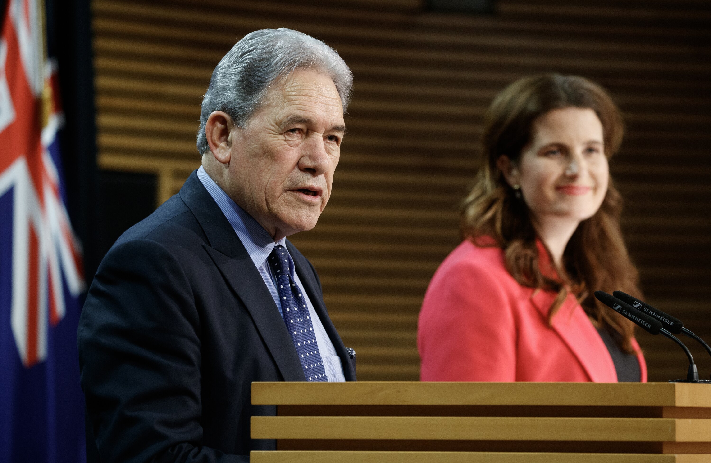 Finance Minister Nicola Willis with Winston Peters as she announced a delay on making a decision about the new interisland ferries. Photo / Mark Mitchell