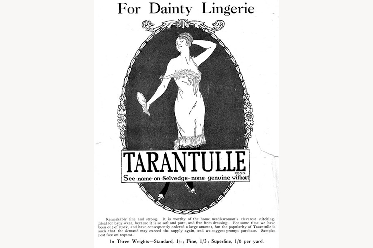 A Tarantulle lingerie fabric advertisement in a 1919 Smith & Caughey’s catalogue. Photo / New Zealand Fashion Museum