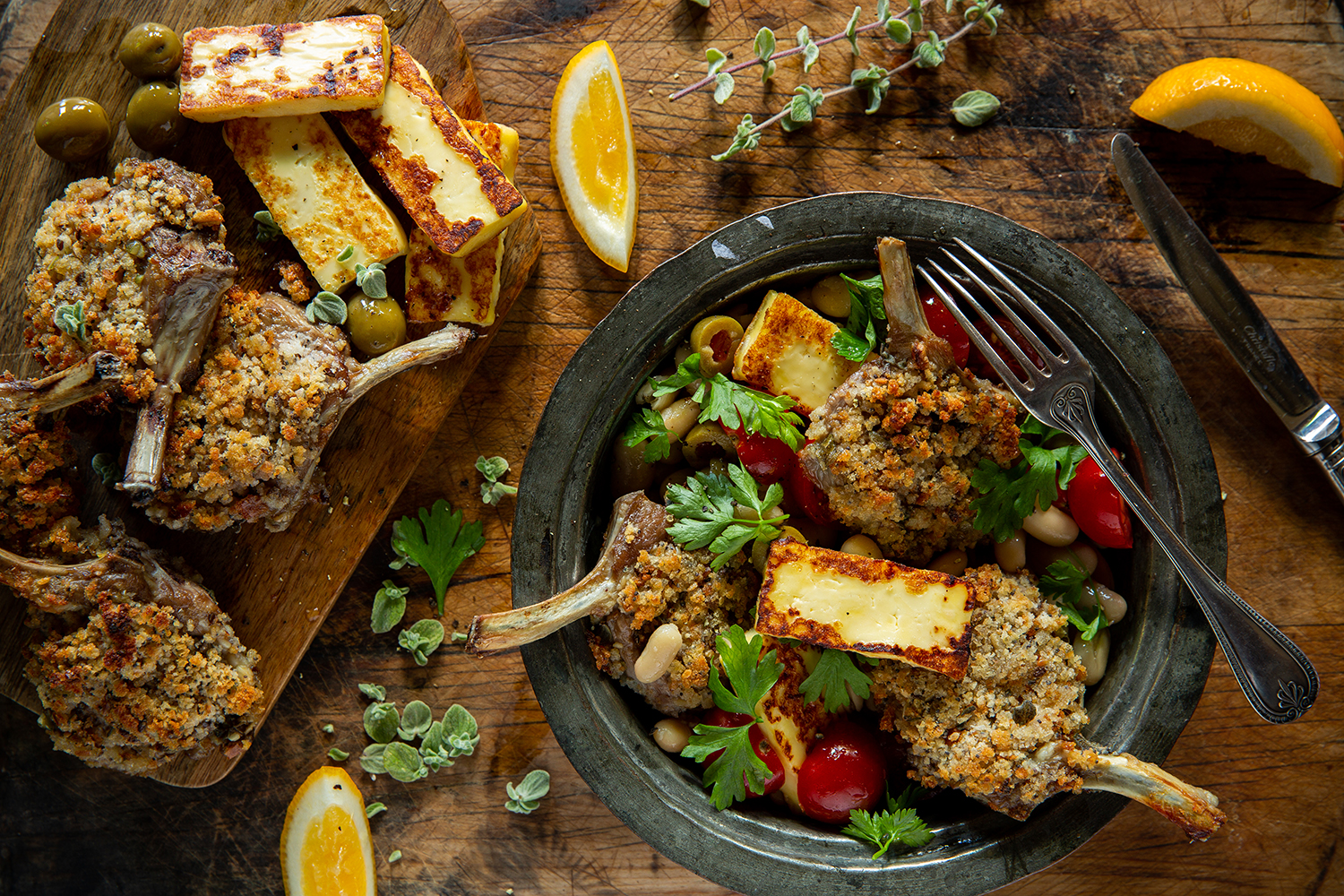 Herb Crumbed Lamb Cutlets With Bean and Halloumi Salad