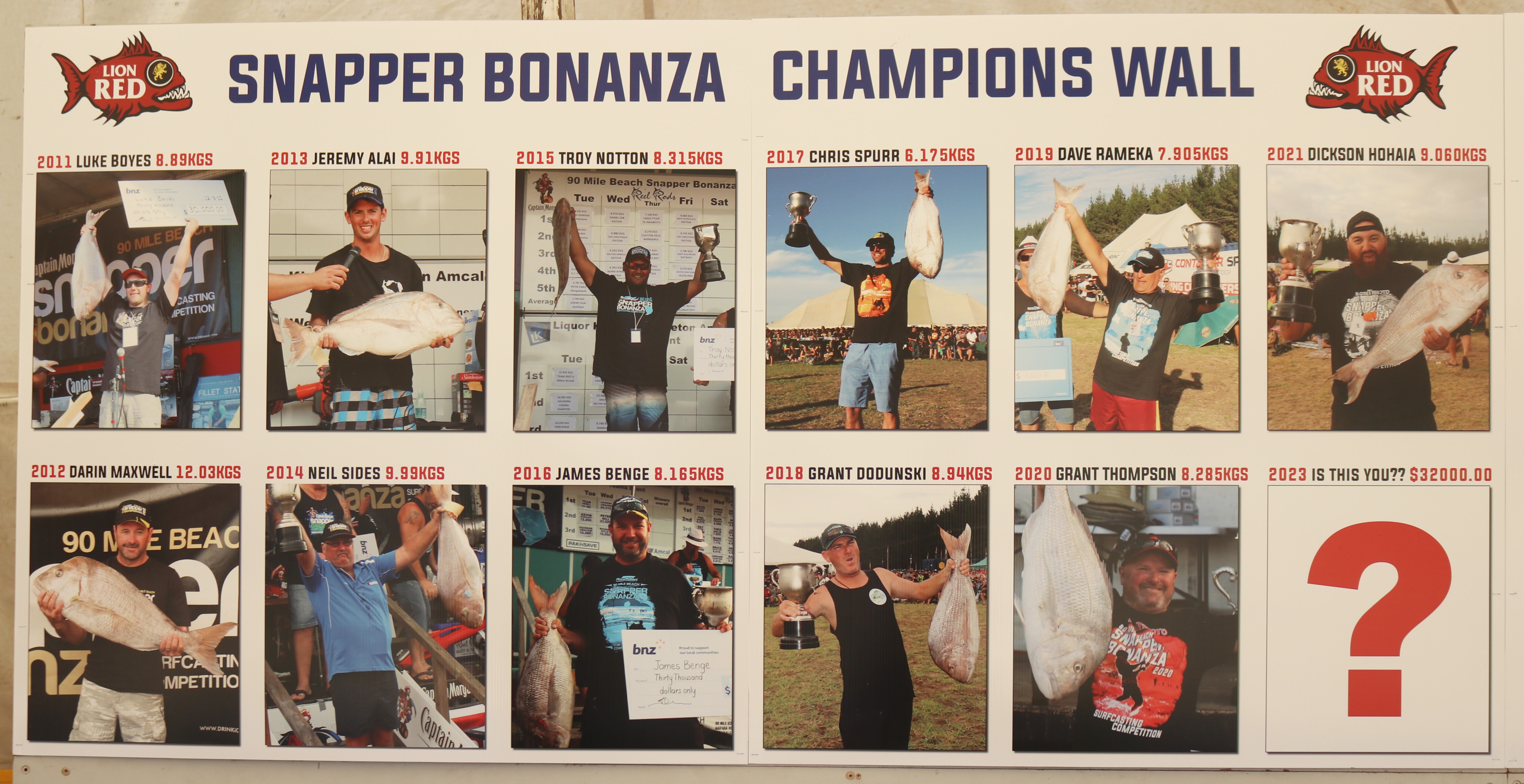 The Bonanza’s champions wall honours the event’s winners since 2011. Photo / Peter de Graaf