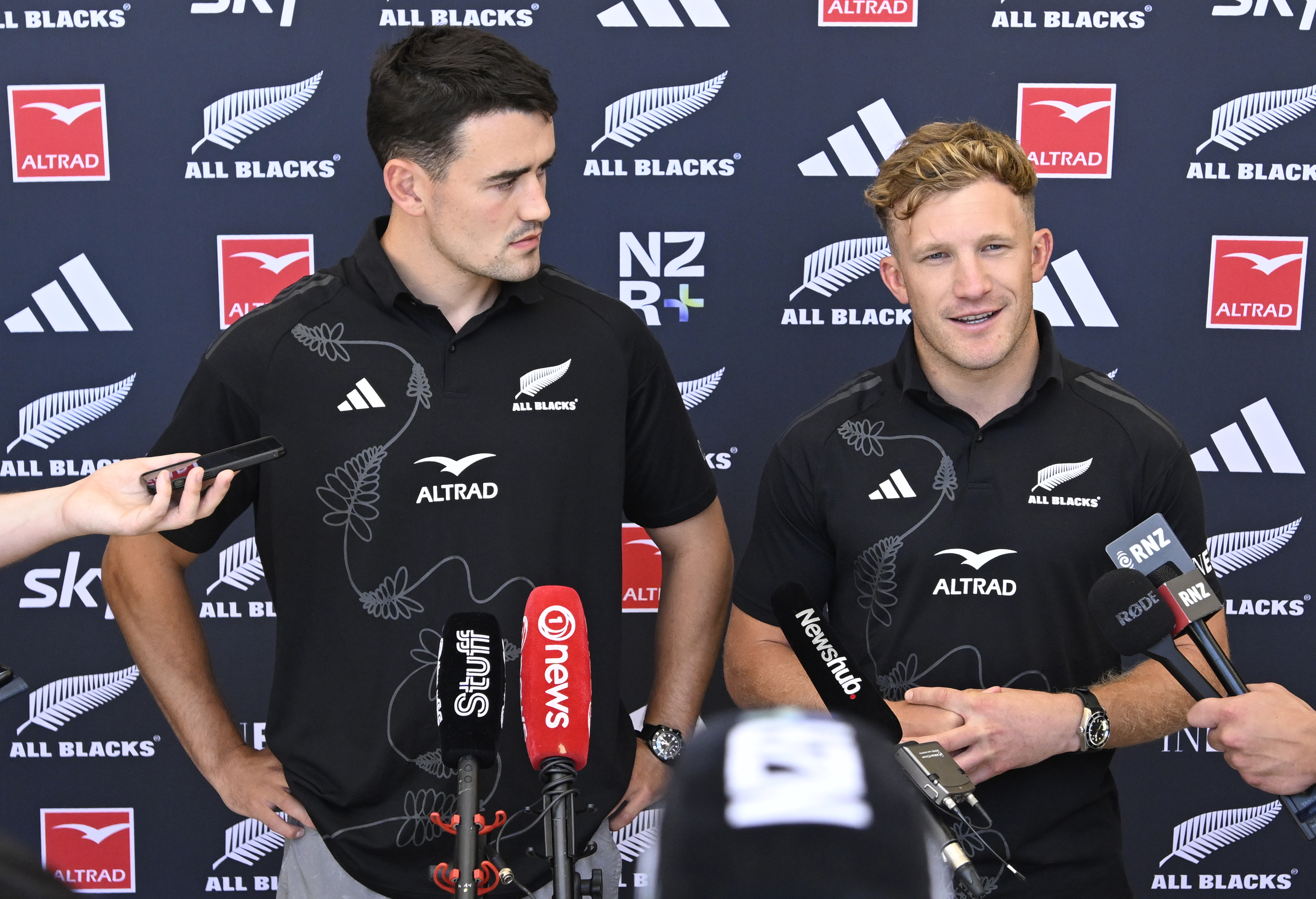 Will Jordan and Damian McKenzie spoke to media after a two-day All Blacks camp in Auckland this week. Photo / Photosport