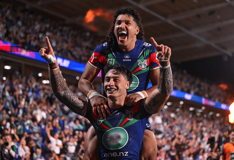 Warriors Charnze Nicoll-Klokstad and Dallin Watene-Zelezniak celebrate one of the side's many tries so far this NRL season; Sky TV chief executive Sophie Moloney with NRL chief executive Andrew Abdo (left) and chair Peter V'landys (right). Photos / Photosport, Sky TV