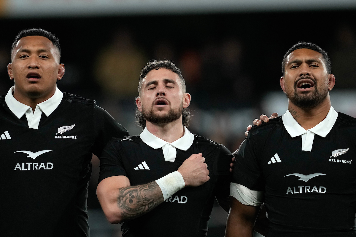 TJ Perenara sings the New Zealand national anthem. Photo / Photosport
