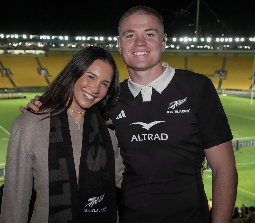 Model and content creator Hunter Kawana and Anton Segner at his debut as an All Black at Sky Stadium earlier this month. Photo / @Hunterleekawana