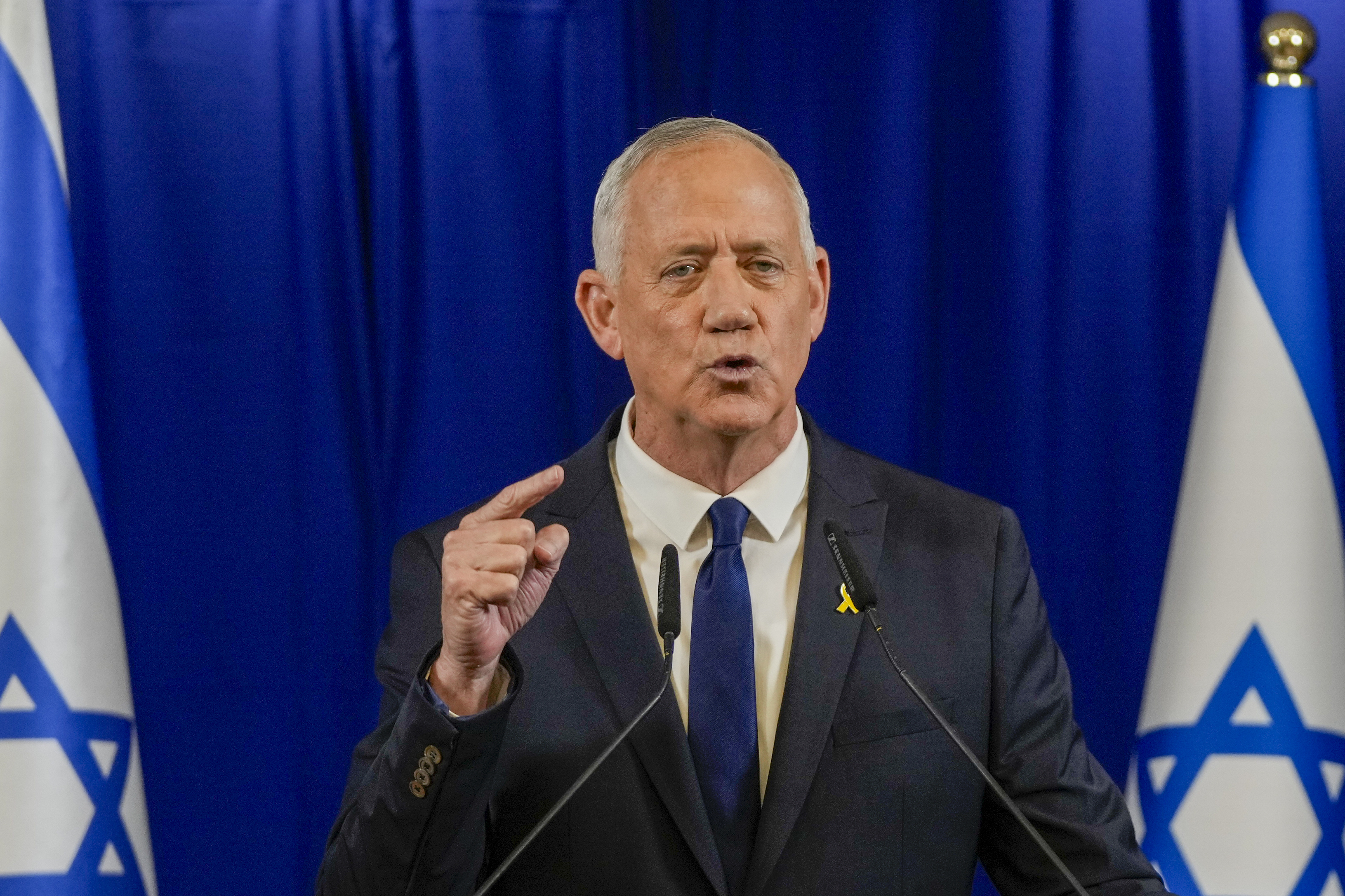 Benny Gantz, until now a centrist member of Israel's three-member war cabinet, announces his resignation in a statement in Ramat Gan, Israel. Photo / AP