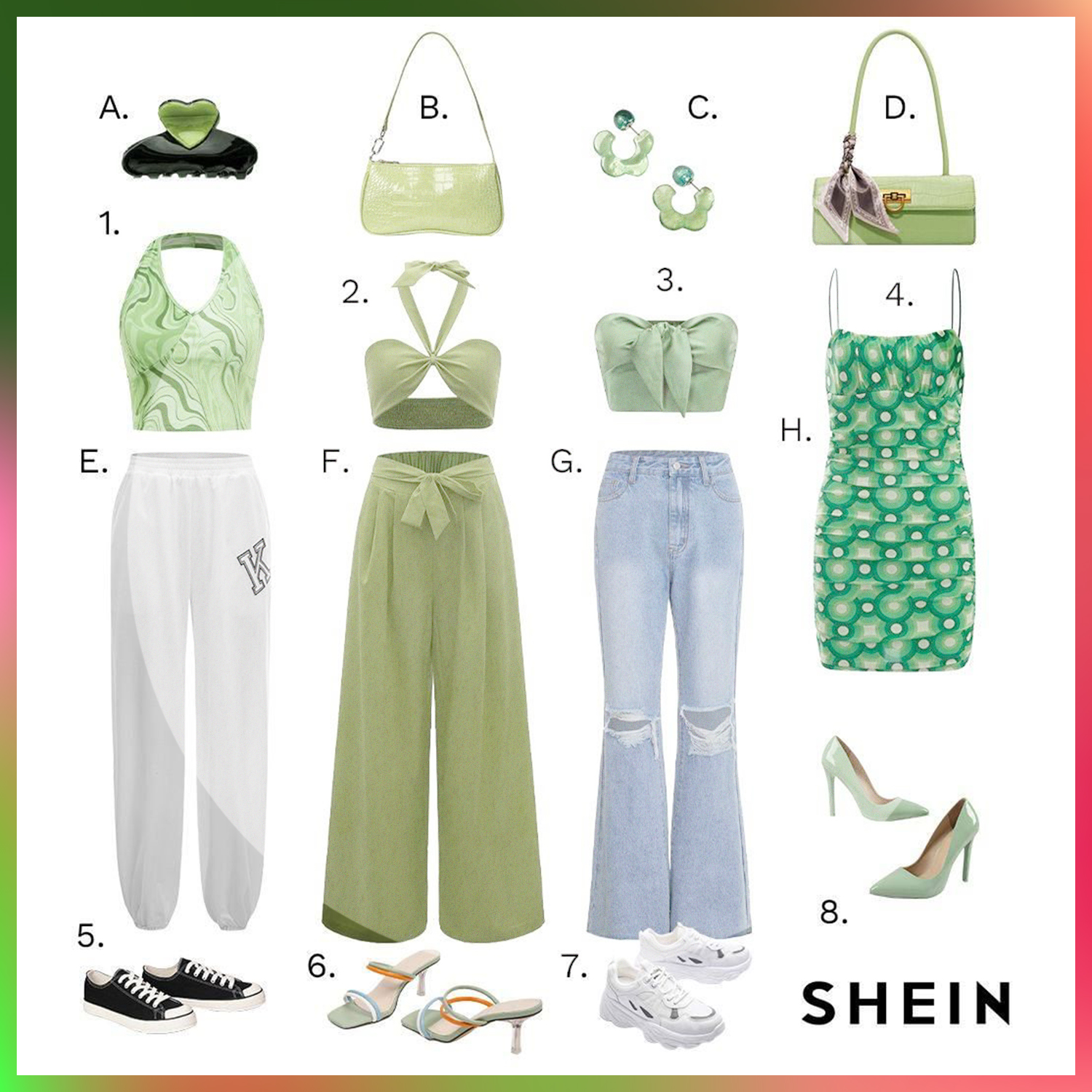 Shein's green silhouettes to mix and match. Photo / @Sheinofficial