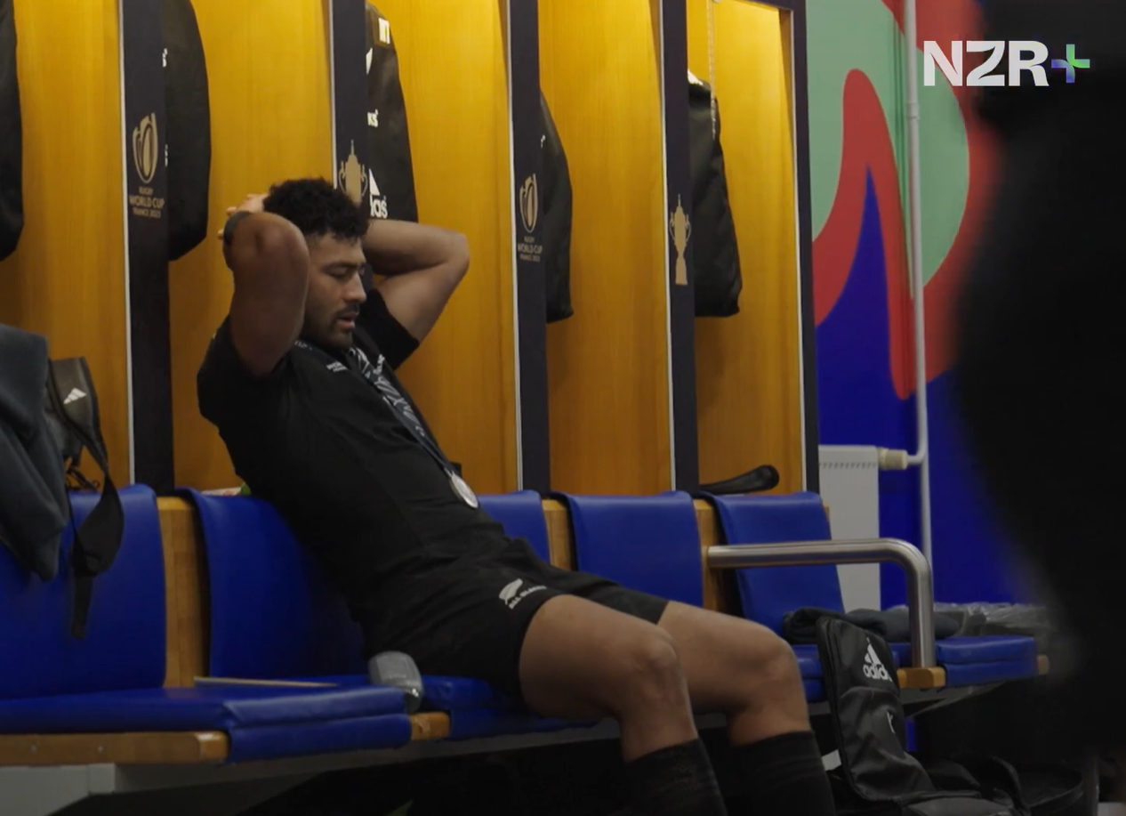 A clip from NZR+ shows Richie Mo'unga after defeat in the 2023 Rugby World Cup final. Photo / NZR+