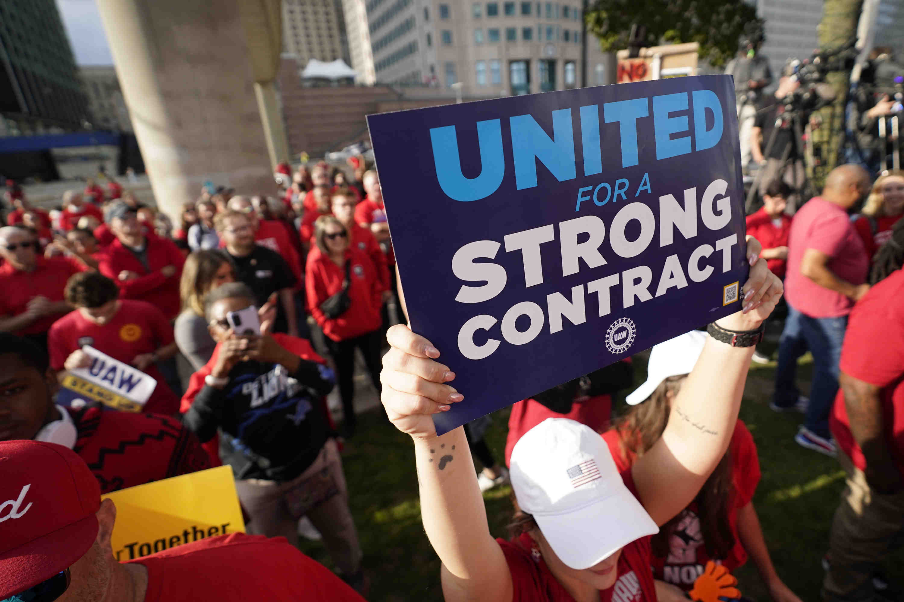 United Auto Workers members at a rally in Detroit last Friday. Photo / Paul Sancya, AP