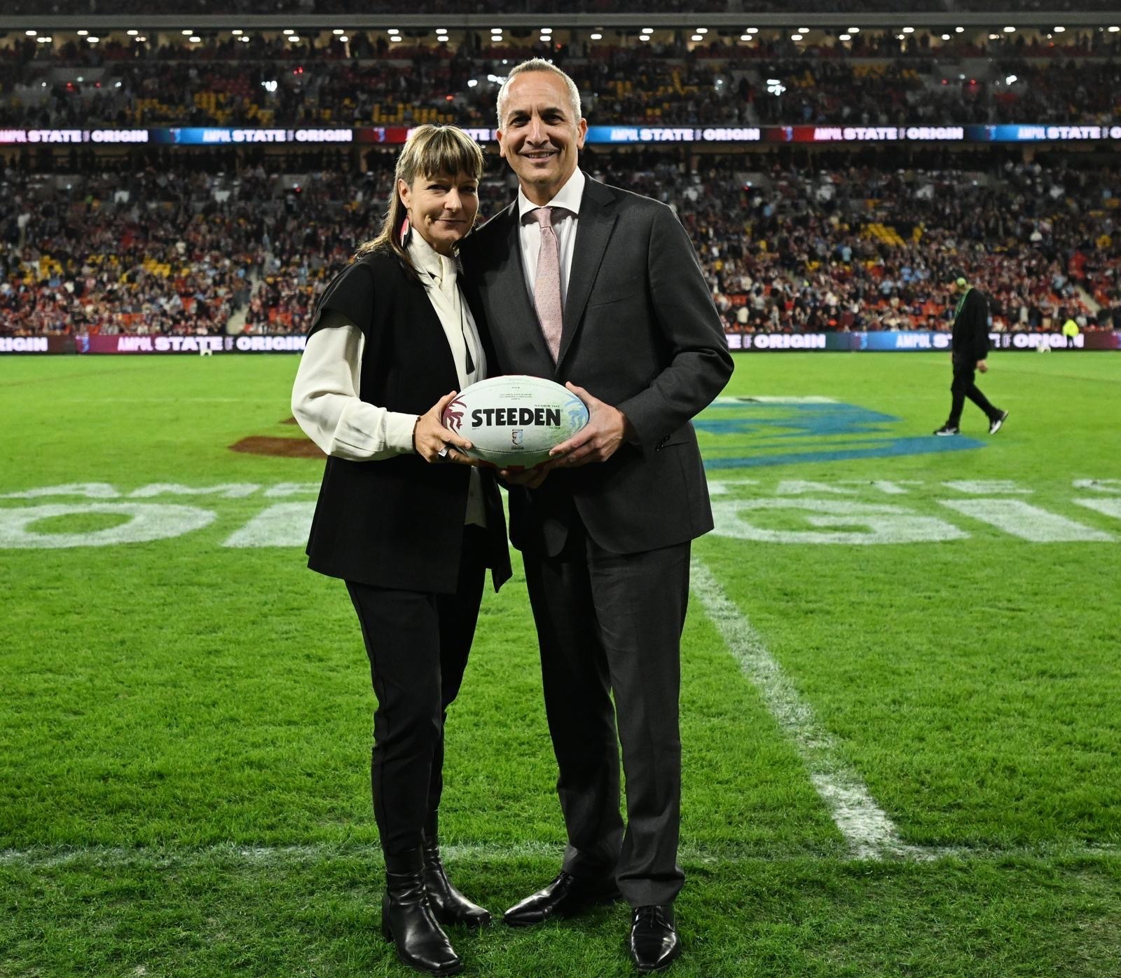 Sky TV chief executive Sophie Moloney and outgoing NRL chief executive Andrew Abdo at Wednesday's State of Origin match. Photo / supplied