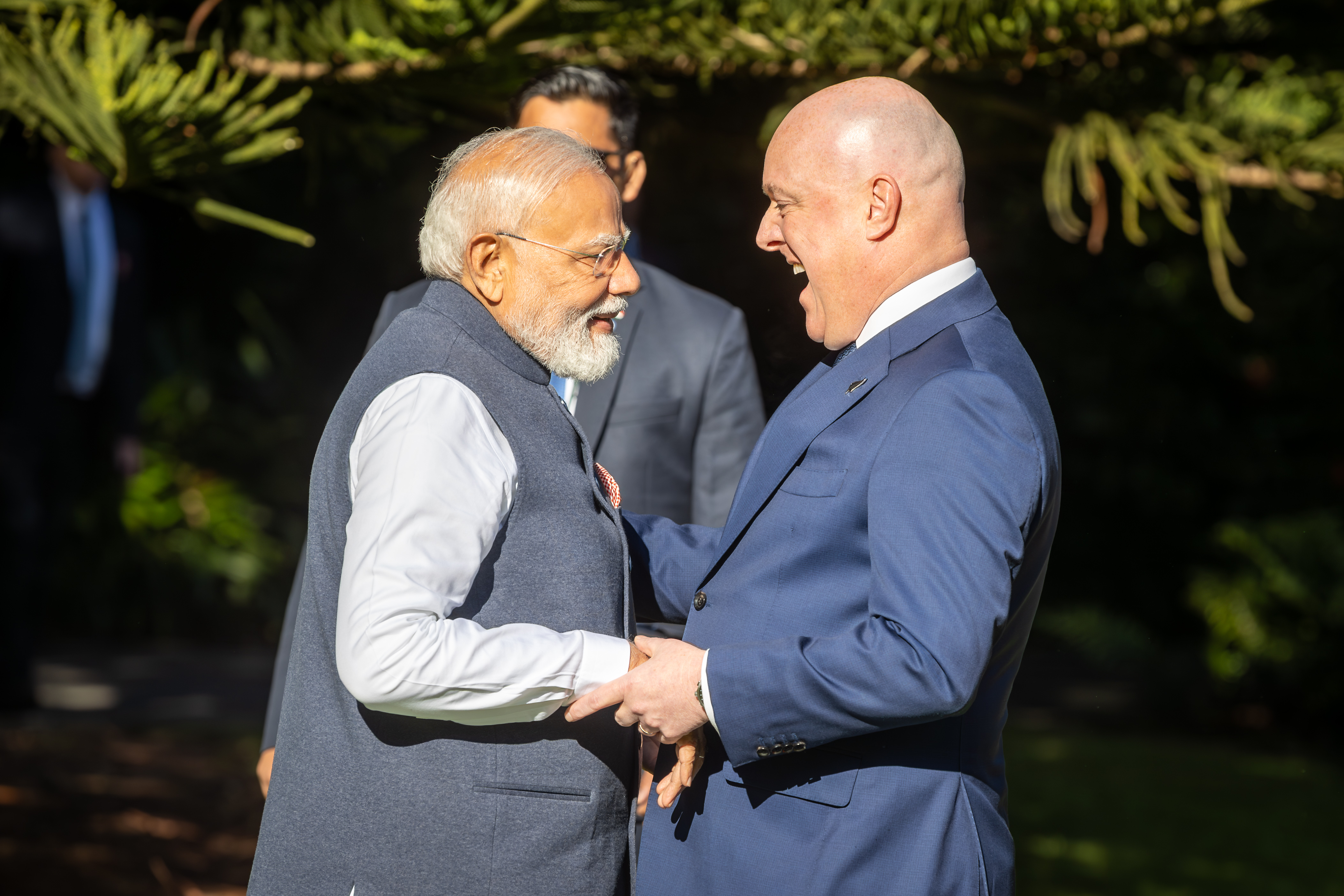 Narendra Modi is greeted by Prime Minister Christopher Luxon after a pōwhiri welcoming the Indian Prime Minister onto Government House during Modi's visit to Auckland on Saturday. Photo / Bruce Mackay