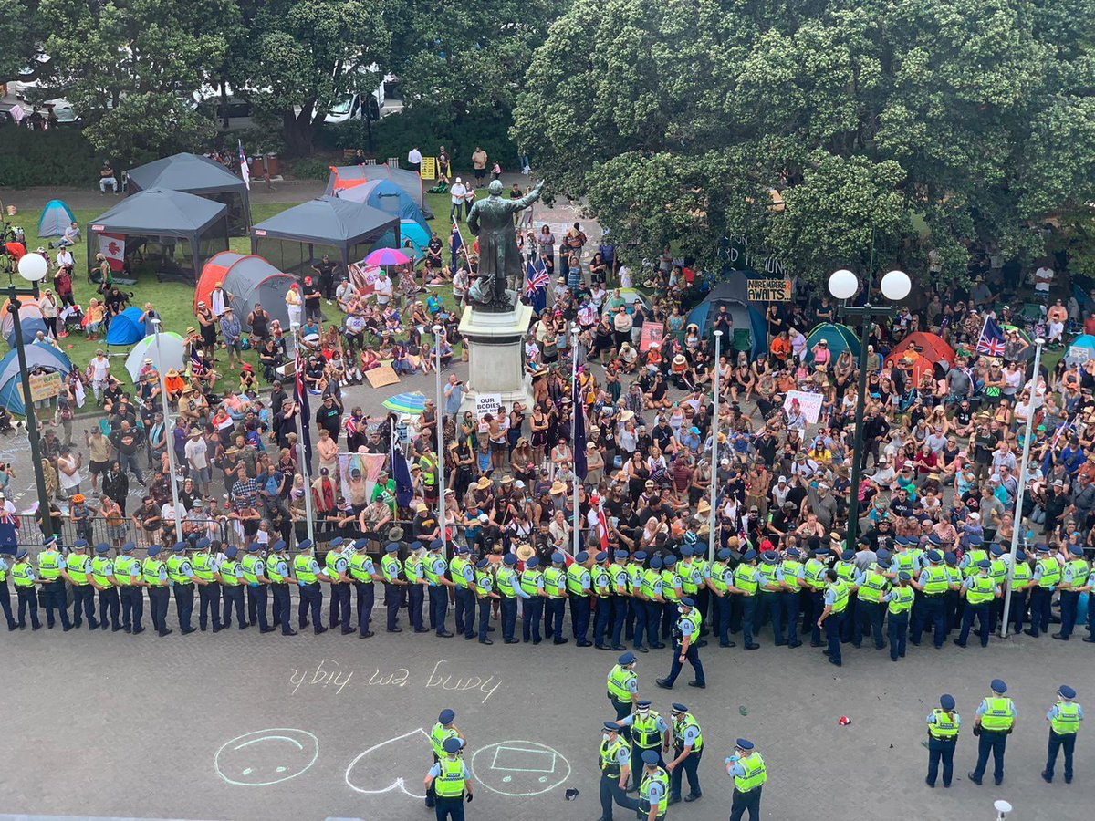 A chilling message was left on the forecourt of parliament as thousands of protesters camped out calling for an end to vaccine mandates and passports. Photo / Nicola Willis