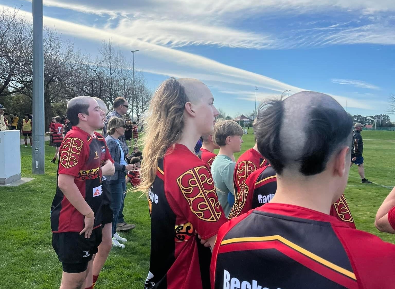 Dunstan High School U15 rugby team sporting their new DIY haircuts for winter tournament week. Photo / Dunstan High School