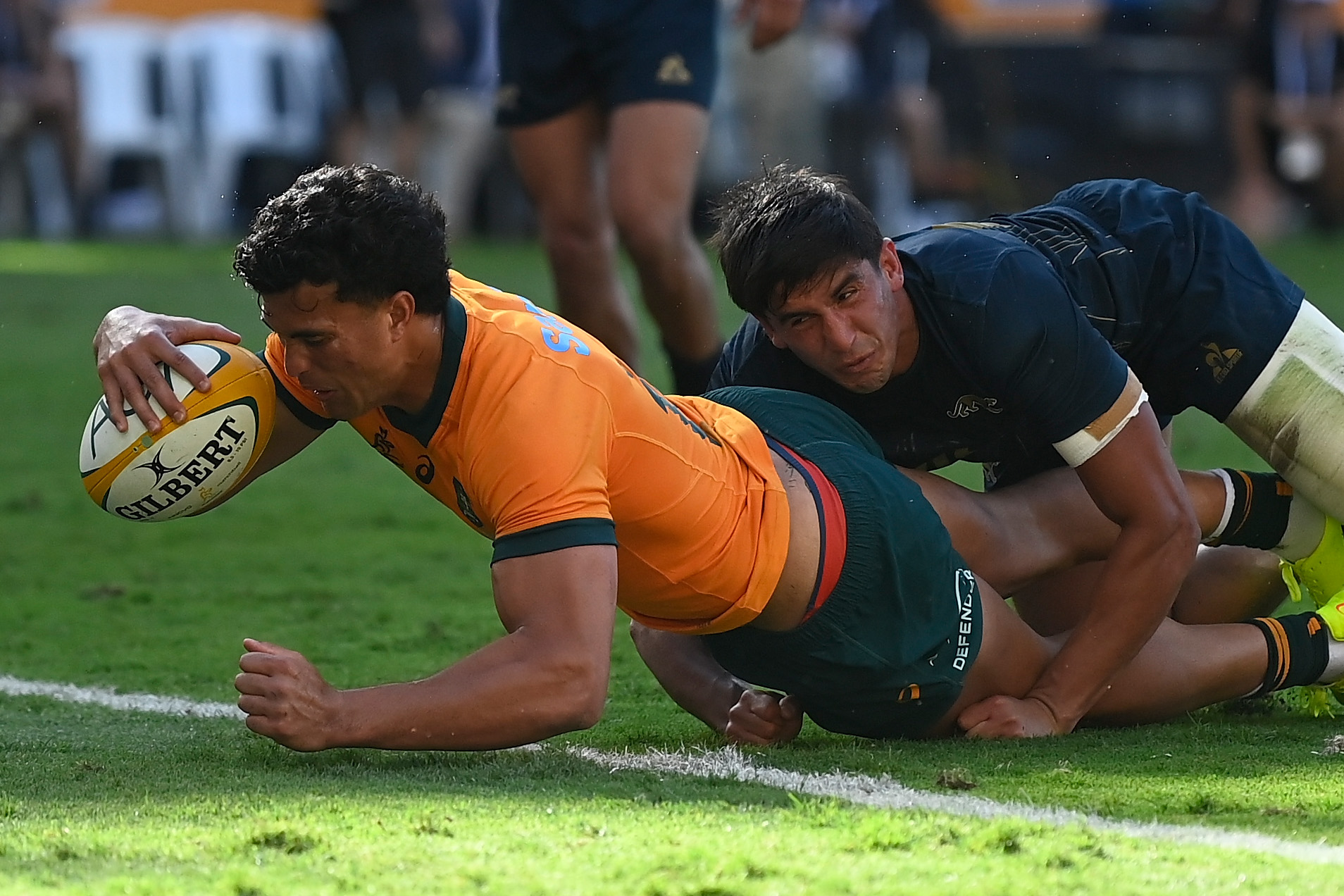 Joseph‑Aukuso Sua'ali'i scores a try for the Wallabies during the Rugby Championship match against the Pumas. Photo / Getty Images