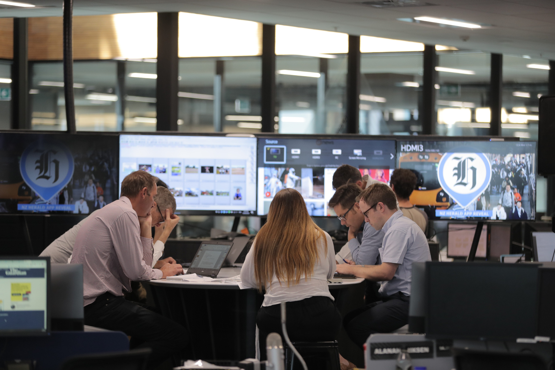 A news conference in the NZME Central newsroom in Auckland. Photo / Michael Craig
