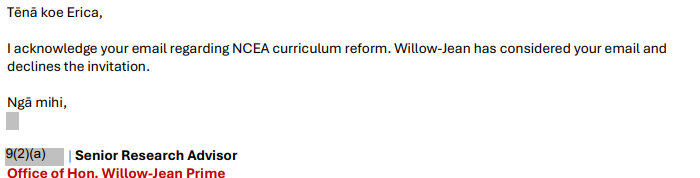 When Willow-Jean Prime did respond to the Education Minister, she declined her invitation. Photo / Supplied