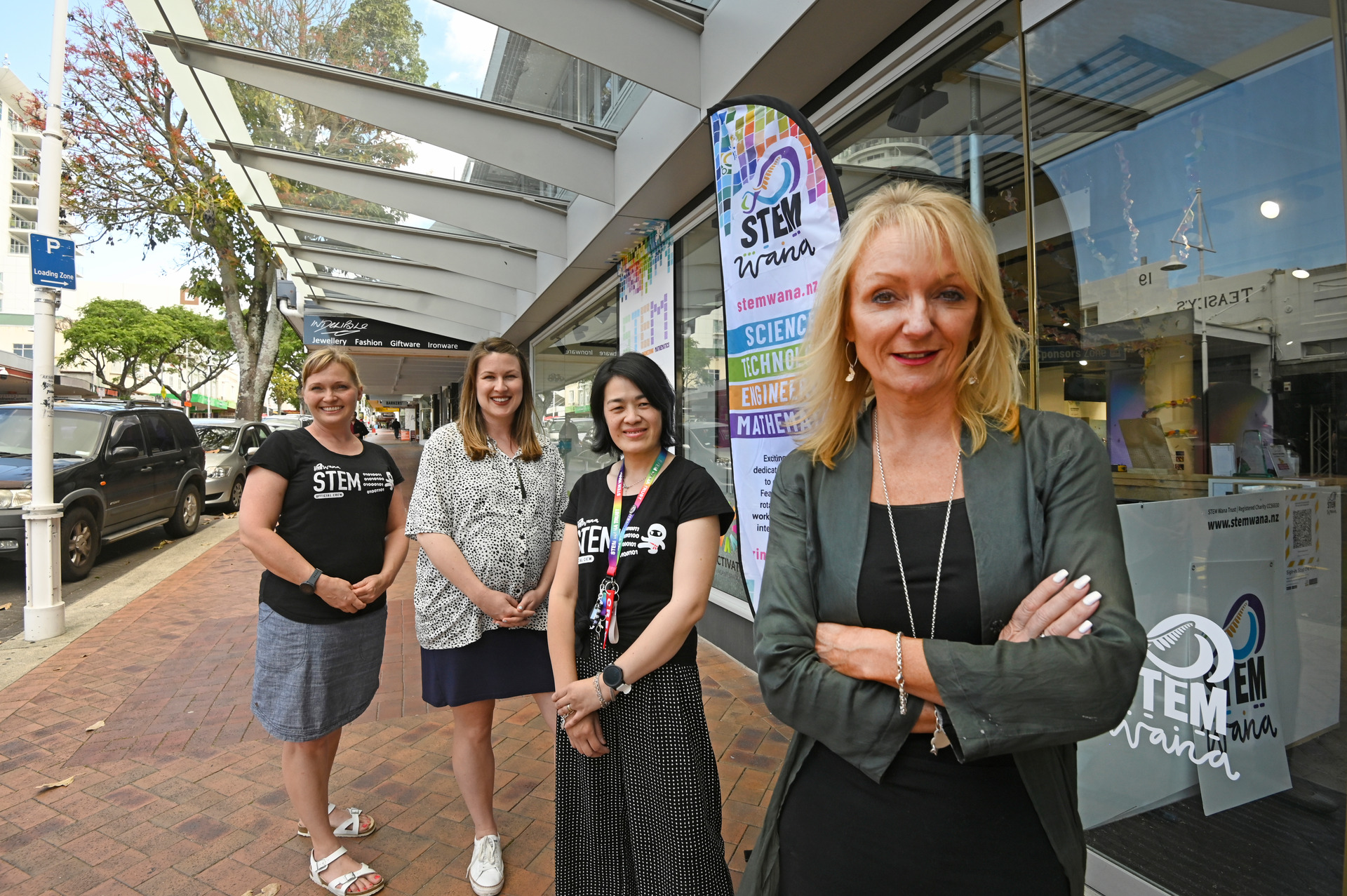 From left, Alyssa Minshall projects director for STEM Wana Trust, Millie Pidwell Mainstreet Tauranga manager, Tia Lush trustee STEM Wana Trust and Sally Cook Mainstreet Tauranga. Photo / George Novak 