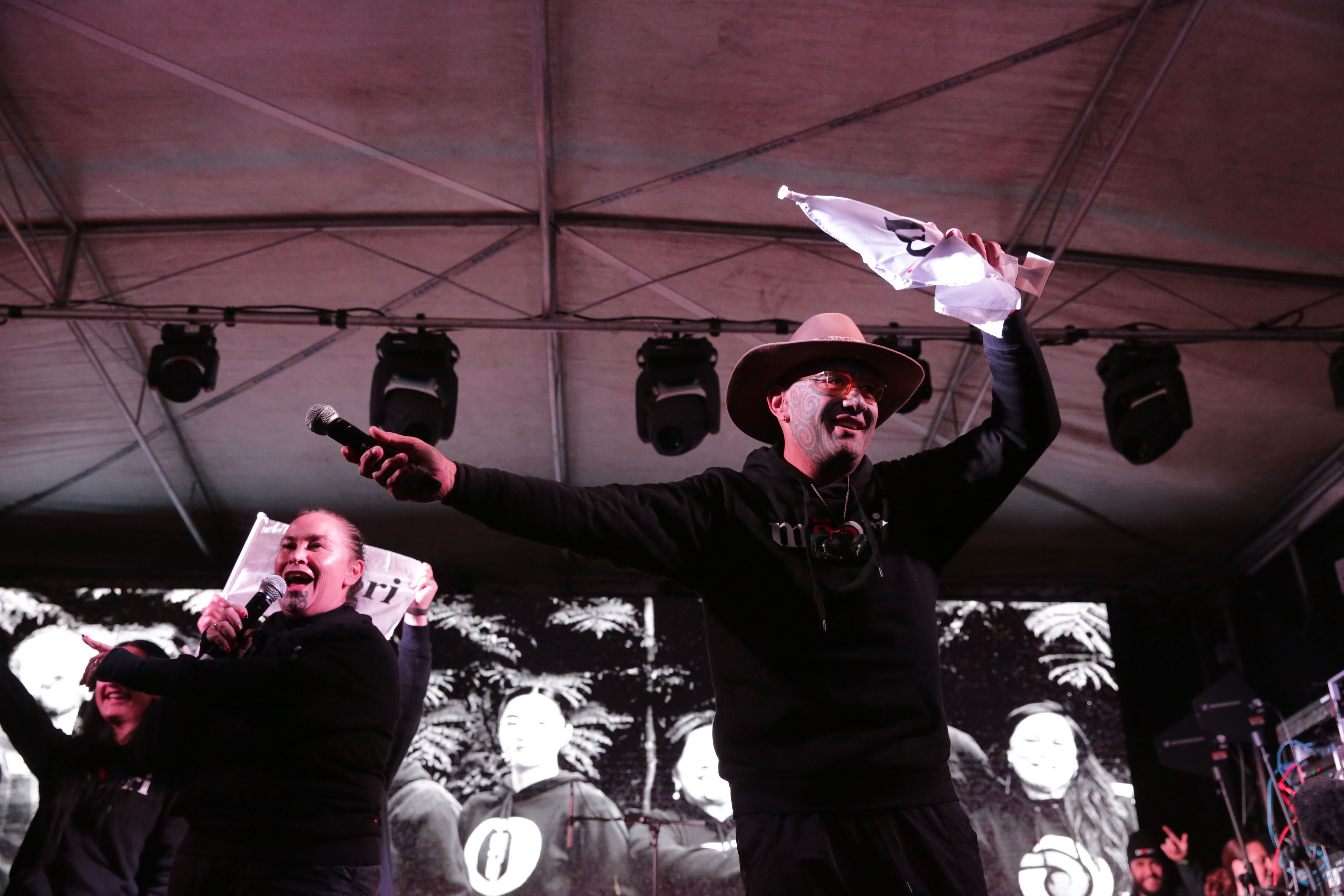 Te Pāti Māori co-leaders Debbie Ngarewa-Packer (centre) and Rawiri Waititi (right) last month at their campaign launch at the Waipareira Trust's Matariki event in Henderson, which is now under investigation by Charities Services. Photo / Sylvie Whinray