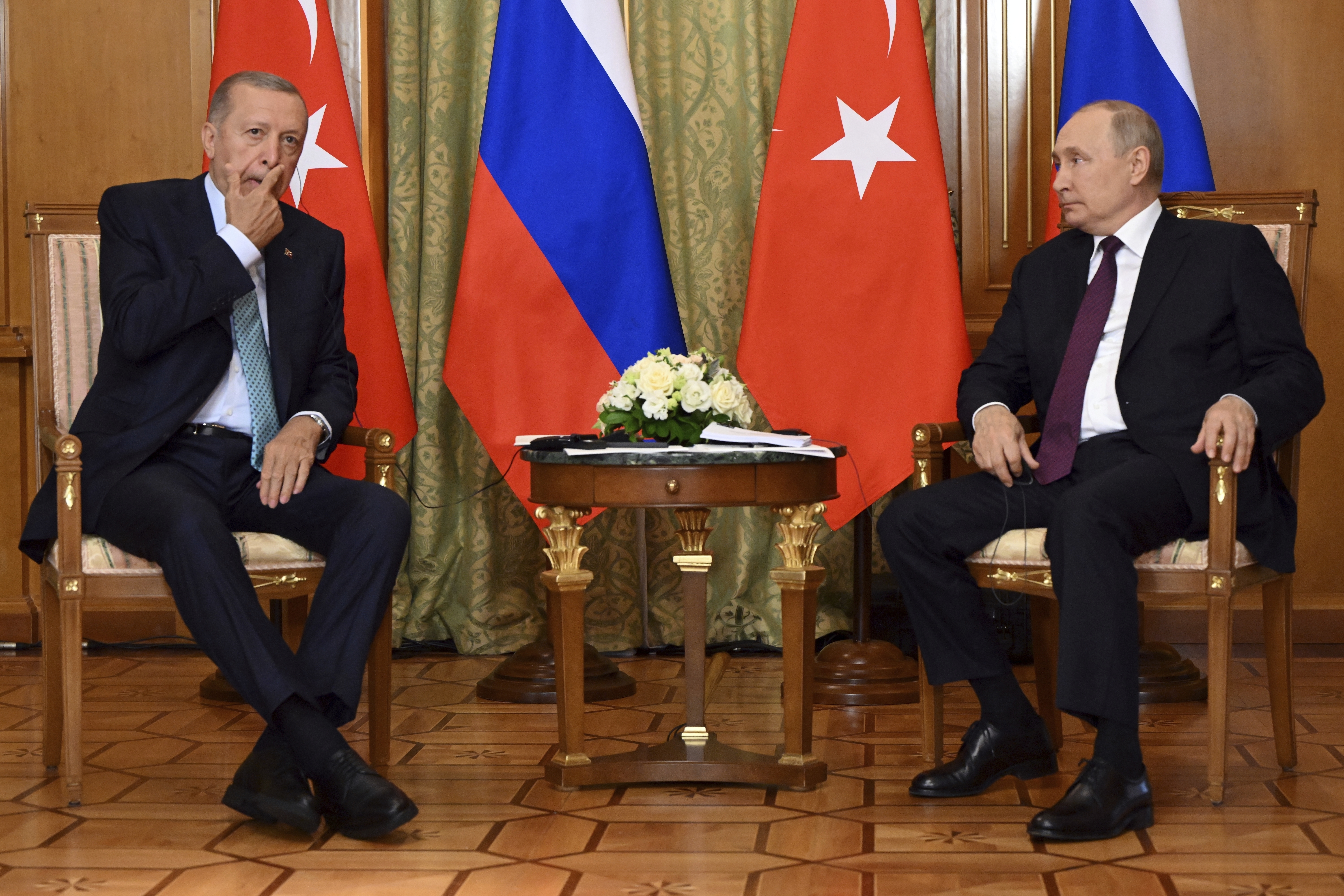 Russian President Vladimir Putin (right), speaks to Turkish President Recep Tayyip Erdogan during their meeting at Russia's Black Sea resort of Sochi, Russia. Photo / AP